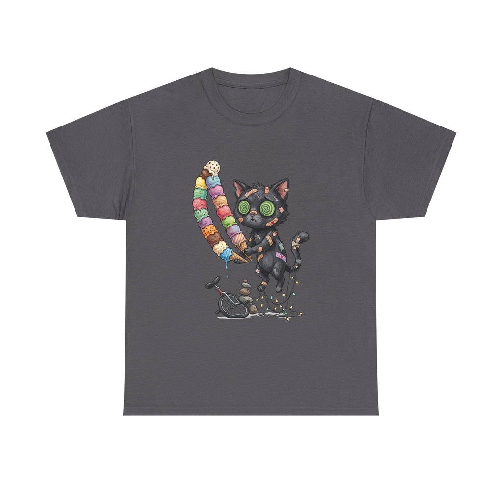 Cat with Ice Cream Graphic Tee — Cute Retro Kawaii Black Cat Holding Rainbow Ice Cream