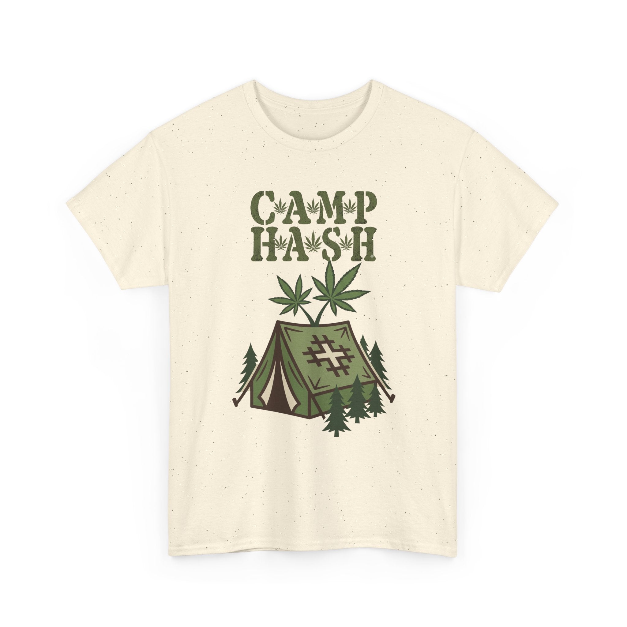 Camp Hash Cannabis Camping T‑Shirt — Retro Tent & Leaf Outdoor Smoke Tee
