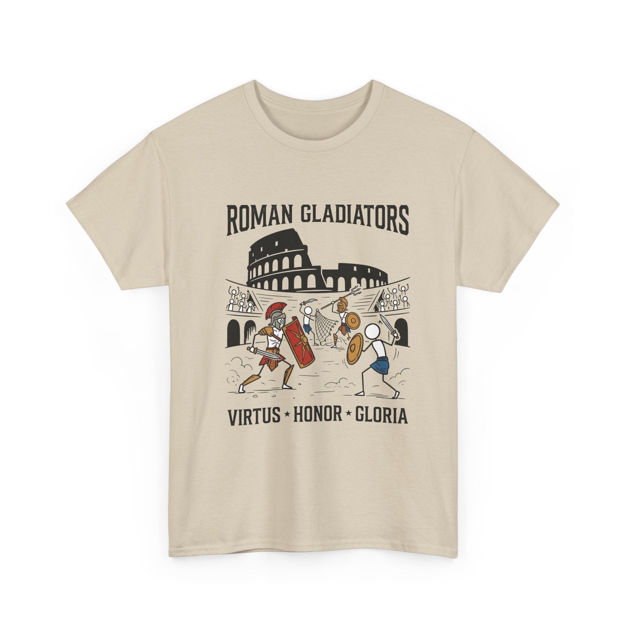 Roman Gladiators T-Shirt — Colosseum Design with "Virtus • Honor • Gloria"