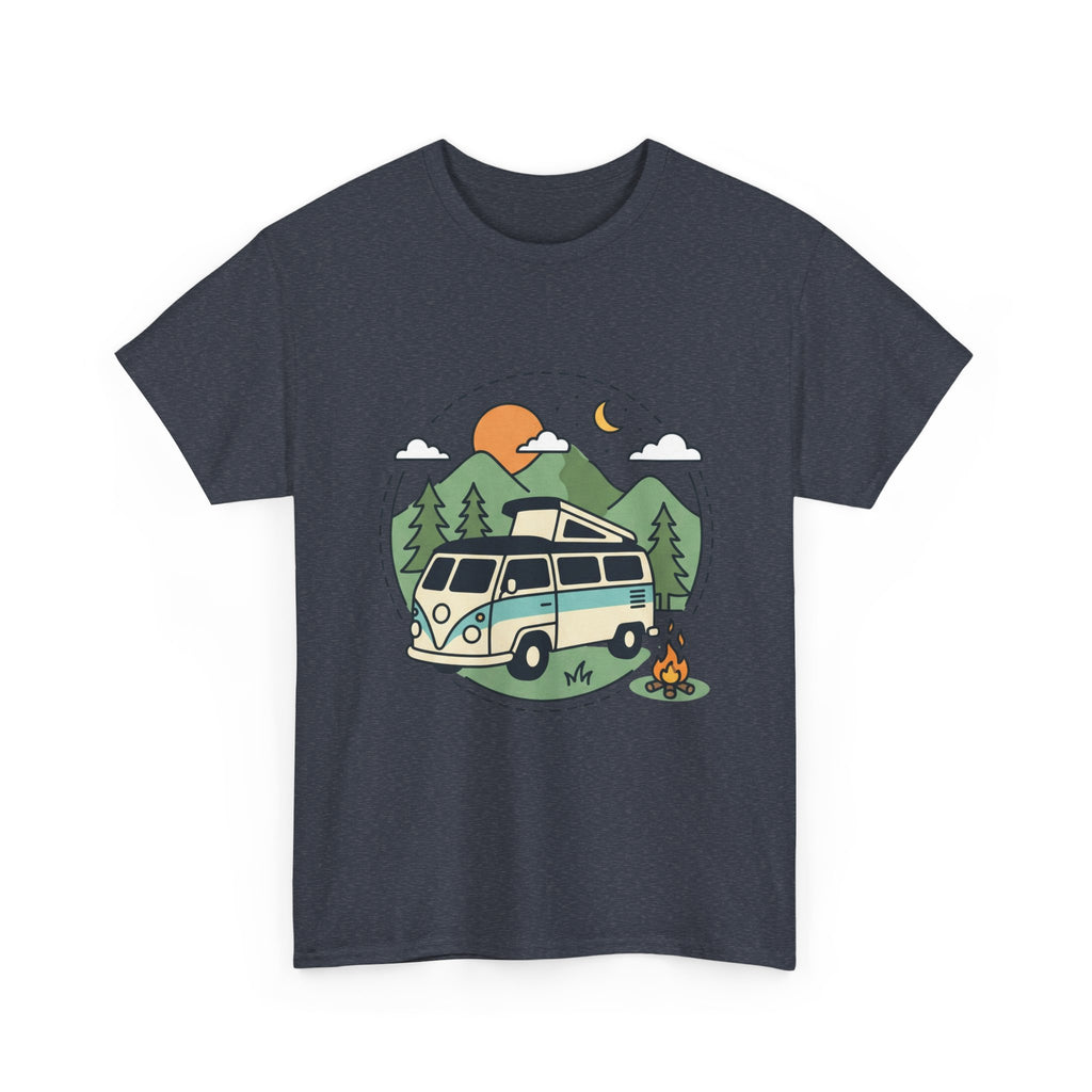 Camper Van Camping T‑Shirt — Retro Van, Mountains & Campfire Tee