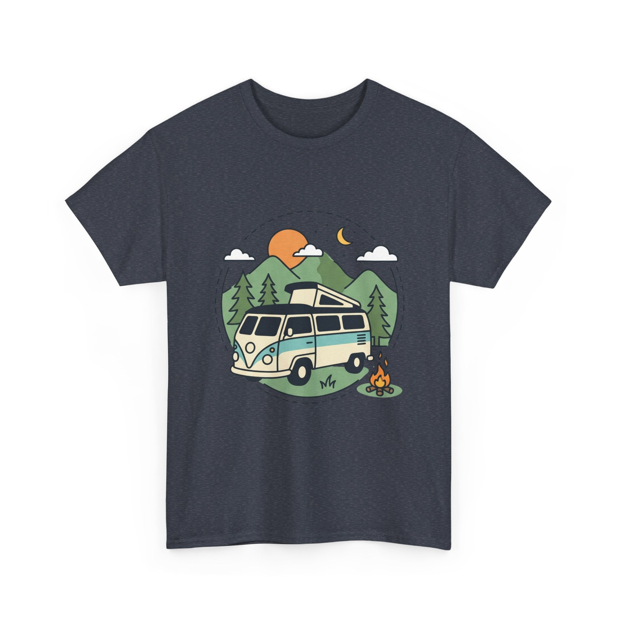 Camper Van Camping T‑Shirt — Retro Van, Mountains & Campfire Tee