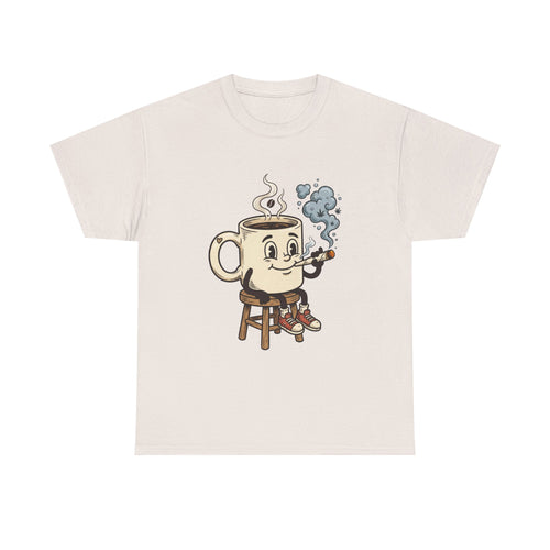 1 Coffee and a joint Character Tee — Retro Smiling Cup Smoking weed Graphic T-Shirt