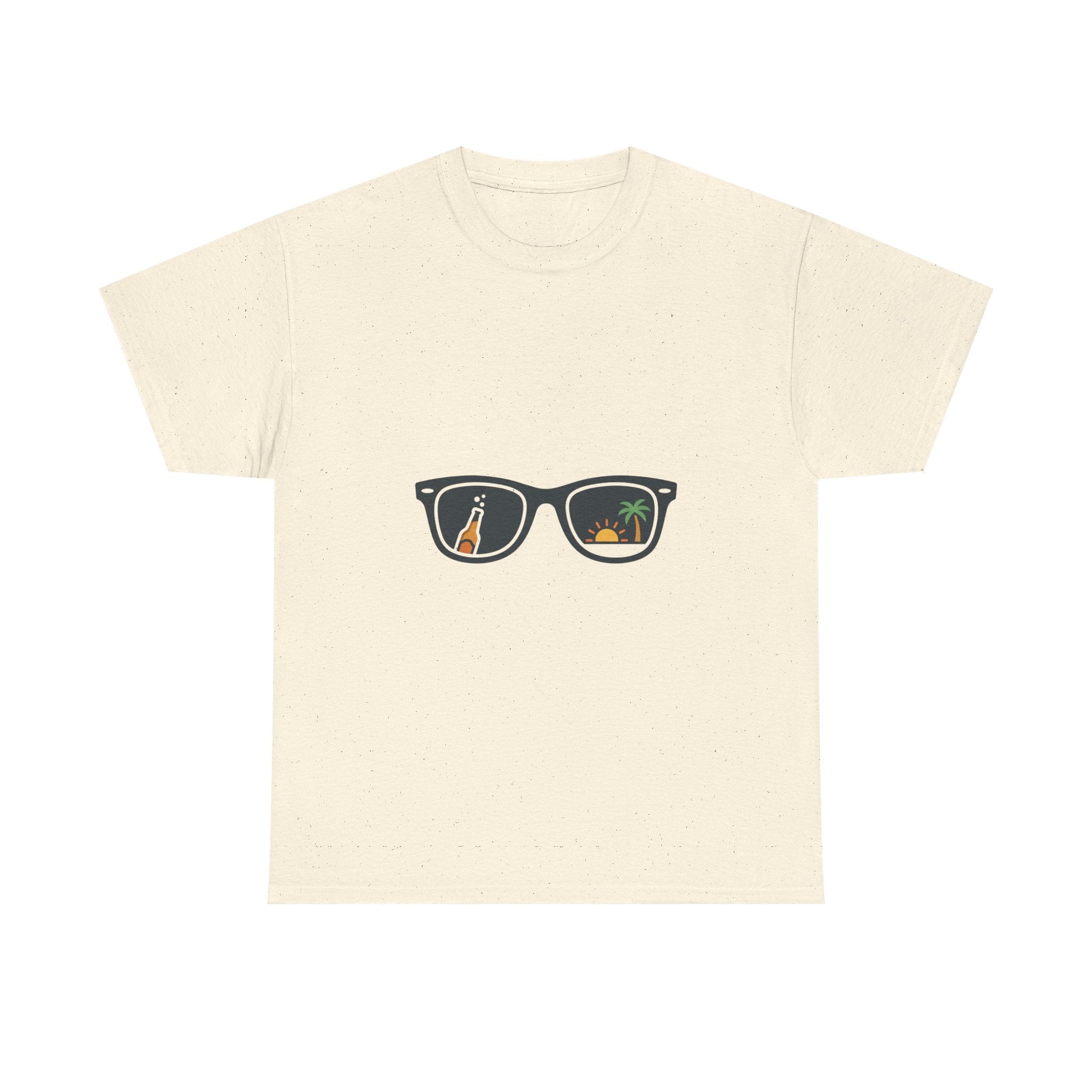 Sunglasses Reflection Tee — Tropical Beach & Palm Drink Graphic T-Shirt