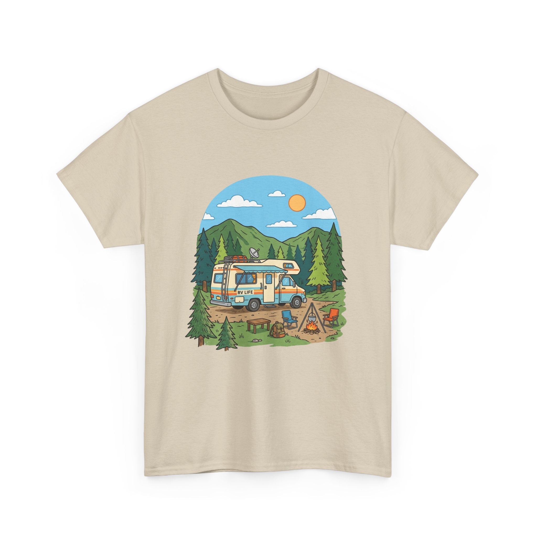 Camping Van Graphic Tee — Retro Camper Van & Campfire Outdoor Shirt