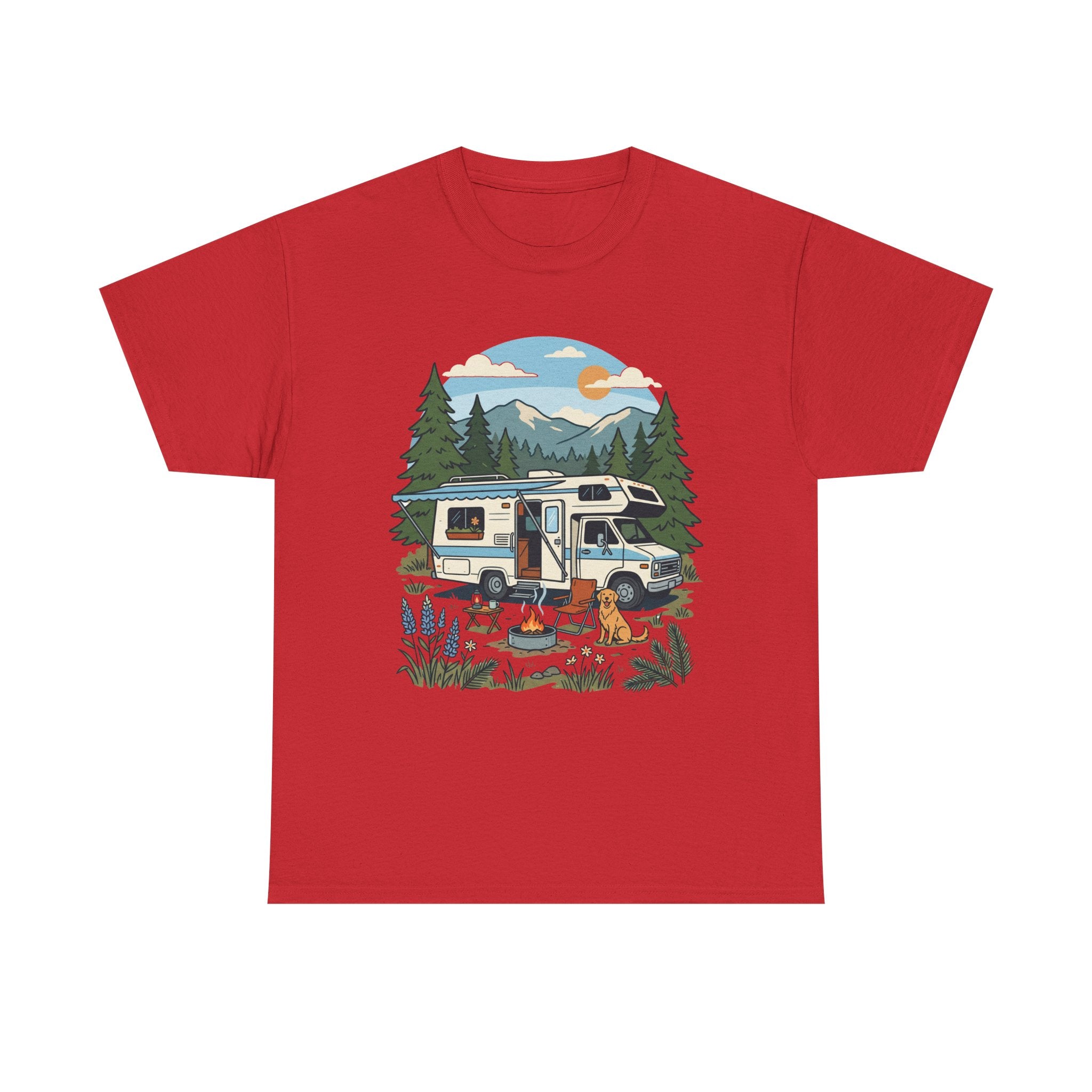 Camper Van Camping T‑Shirt — Retro RV Campfire Graphic Tee for Outdoors Lovers