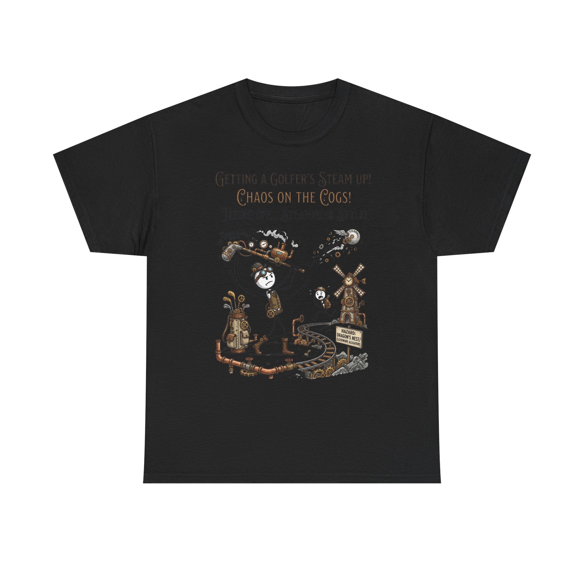 Steampunk Golf T-Shirt - "Getting a Golfer's Steam Up! Chaos on the Cogs" Graphic Tee