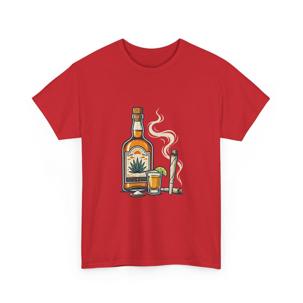 Tequila & Joint T-Shirt — Mexican Agave Bottle with Shot Glass and Joint Graphic