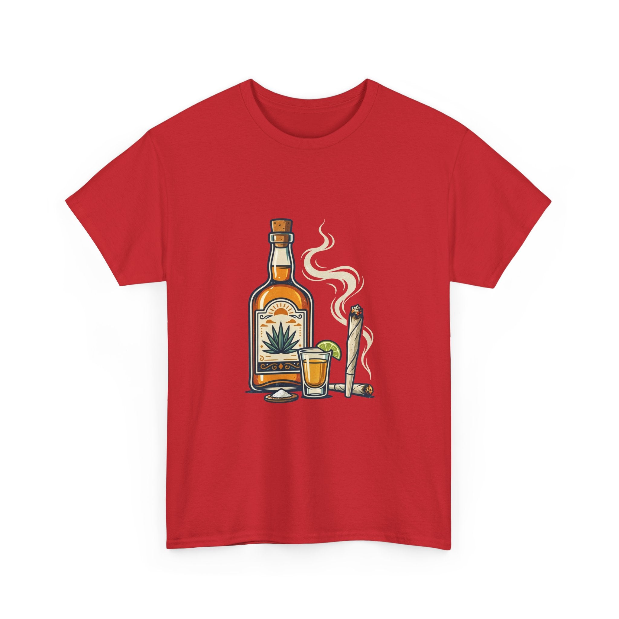 Tequila & Joint T-Shirt — Mexican Agave Bottle with Shot Glass and Joint Graphic