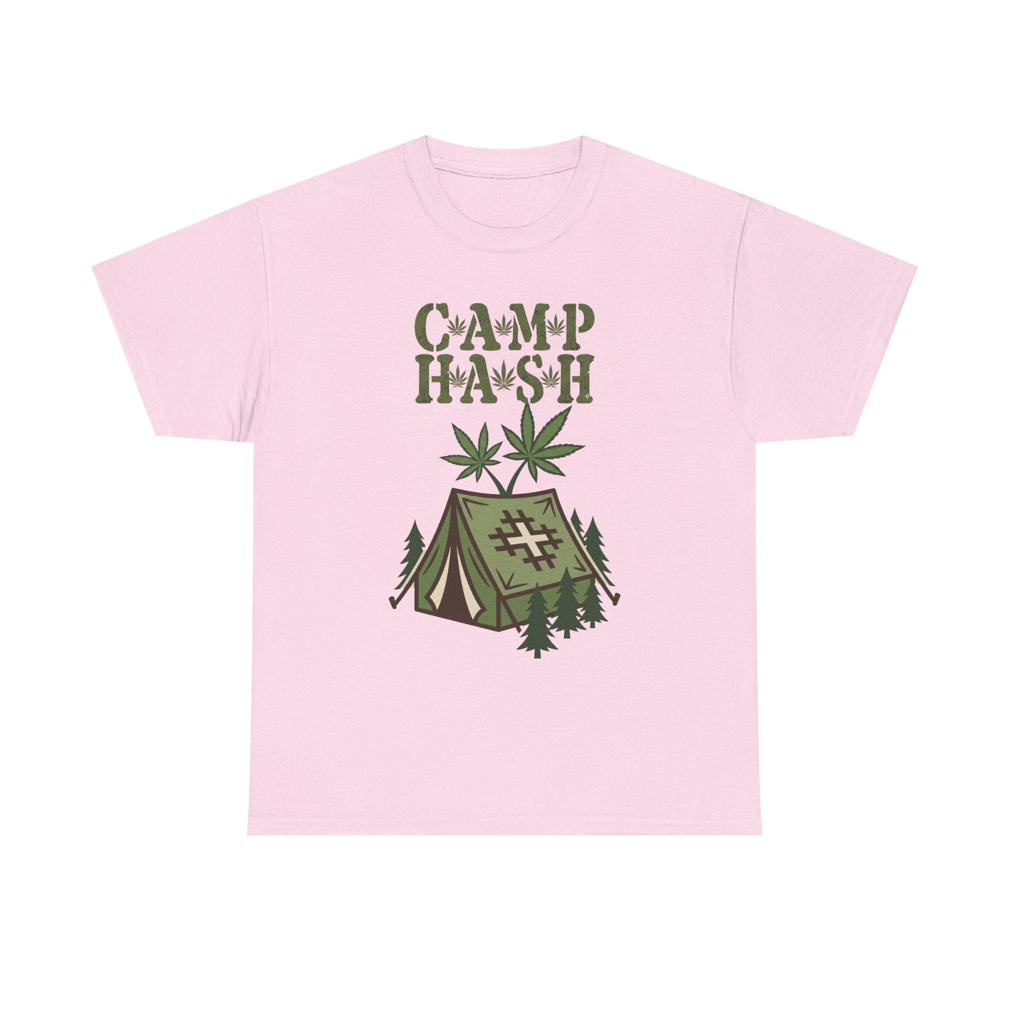 Camp Hash Cannabis Camping T‑Shirt — Retro Tent & Leaf Outdoor Smoke Tee