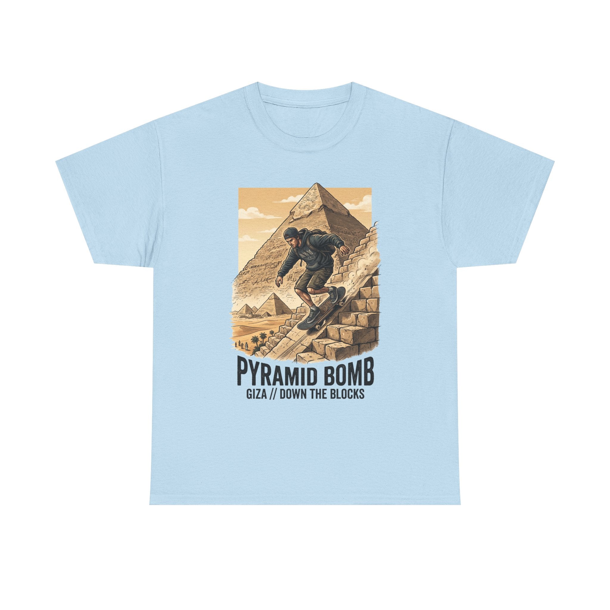 Pyramid Bomb Skateboarding T-Shirt — "Pyramid Bomb: Giza / Down The Blocks" Vintage Skate Tee