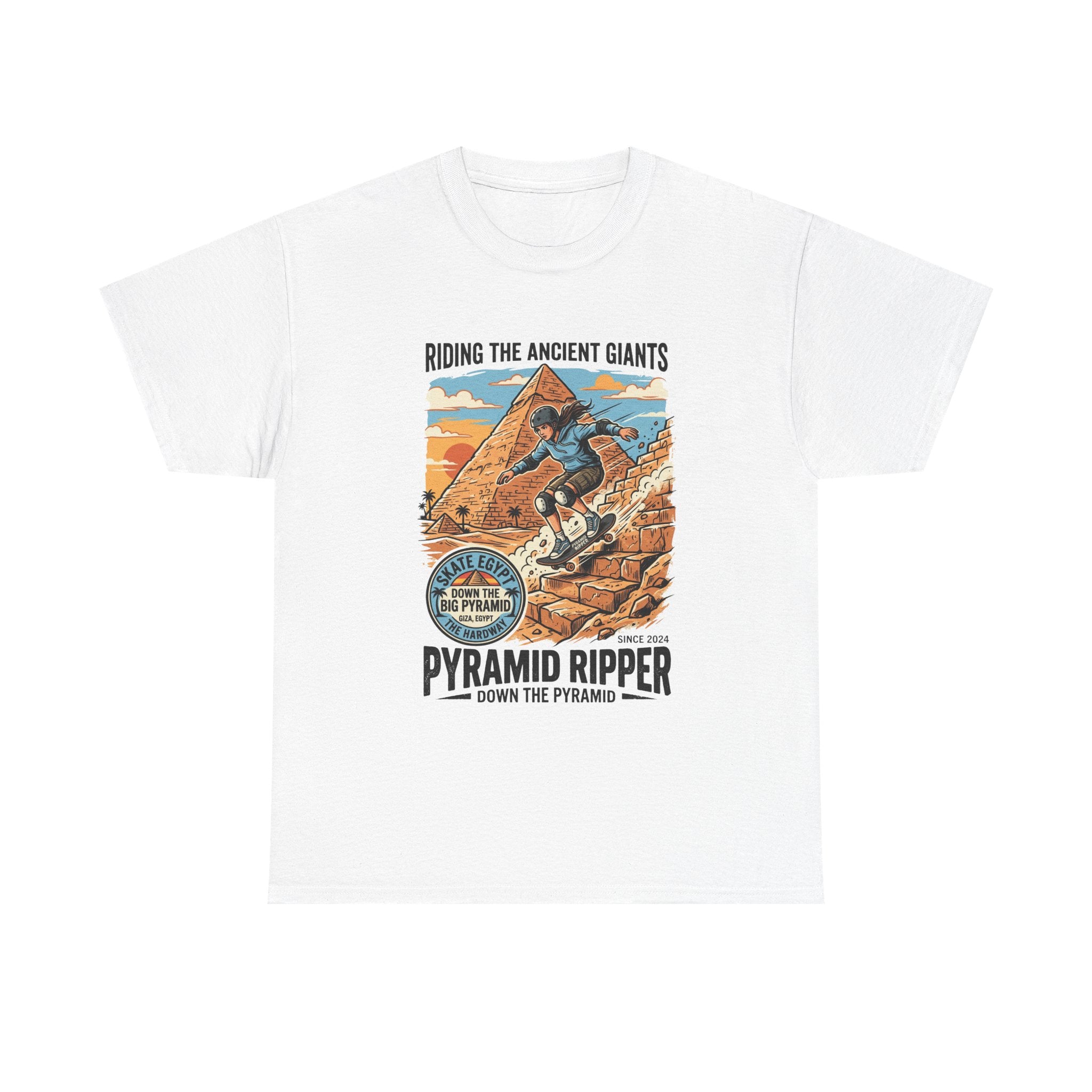 Pyramid Skateboarder T-Shirt — 'Riding the Ancient Giants' Vintage Surf Graphic