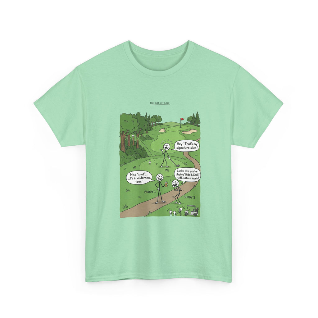 Golf Cartoons Graphic Tee — Funny Golf Humor T-Shirt ("Fore! That's a Mulligan, Dad")