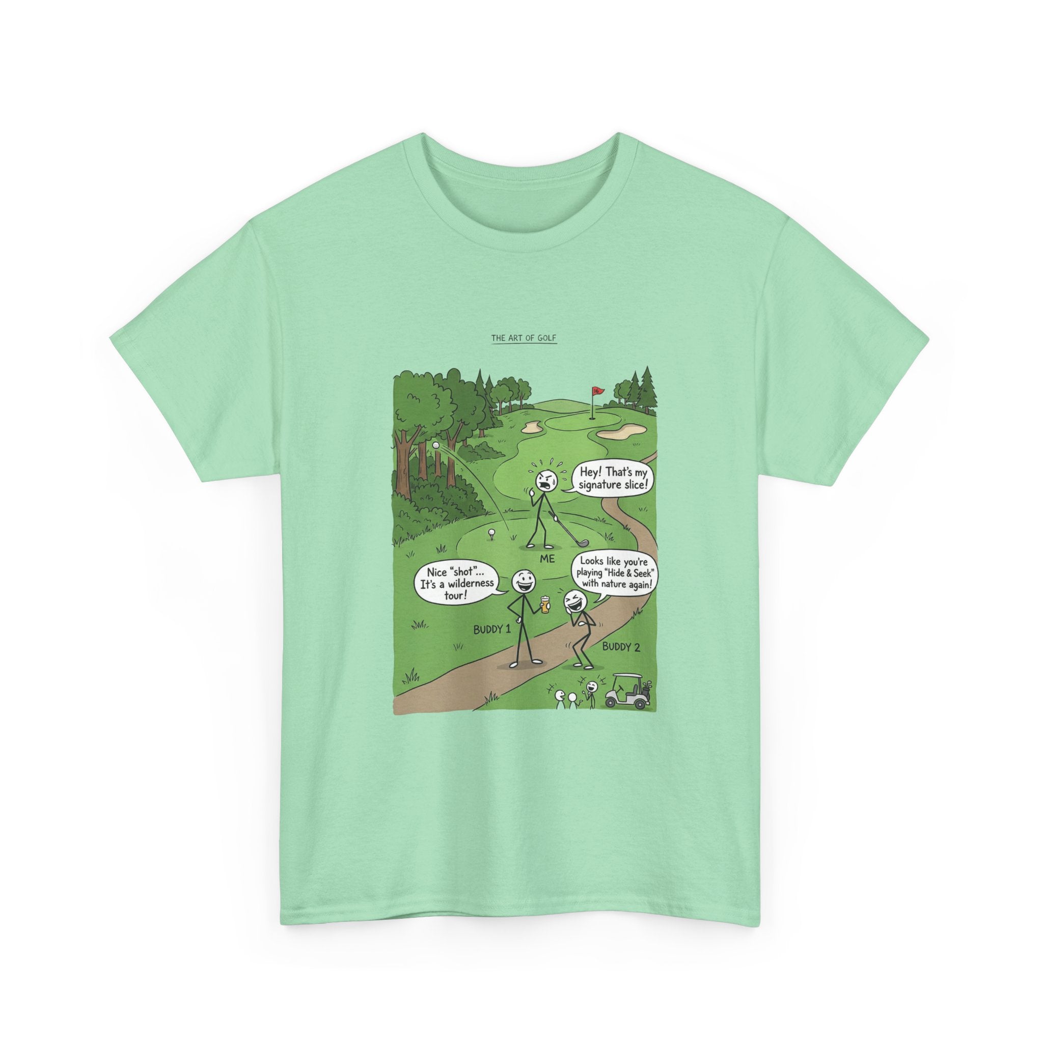 Golf Cartoons Graphic Tee — Funny Golf Humor T-Shirt ("Fore! That's a Mulligan, Dad")