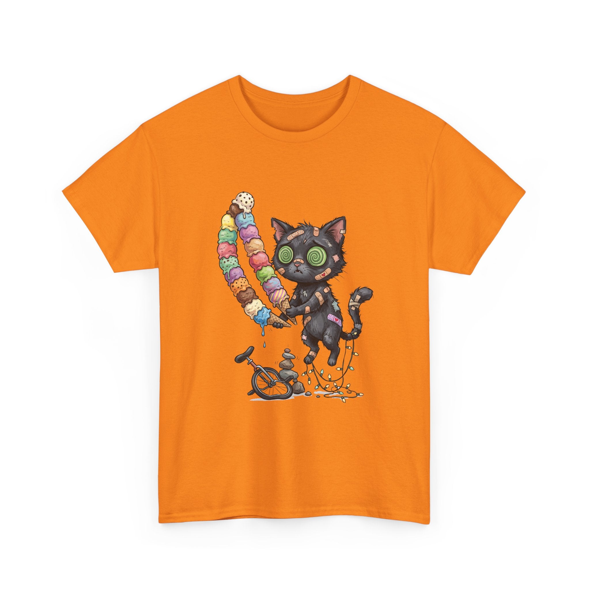 Cat with Ice Cream Graphic Tee — Cute Retro Kawaii Black Cat Holding Rainbow Ice Cream