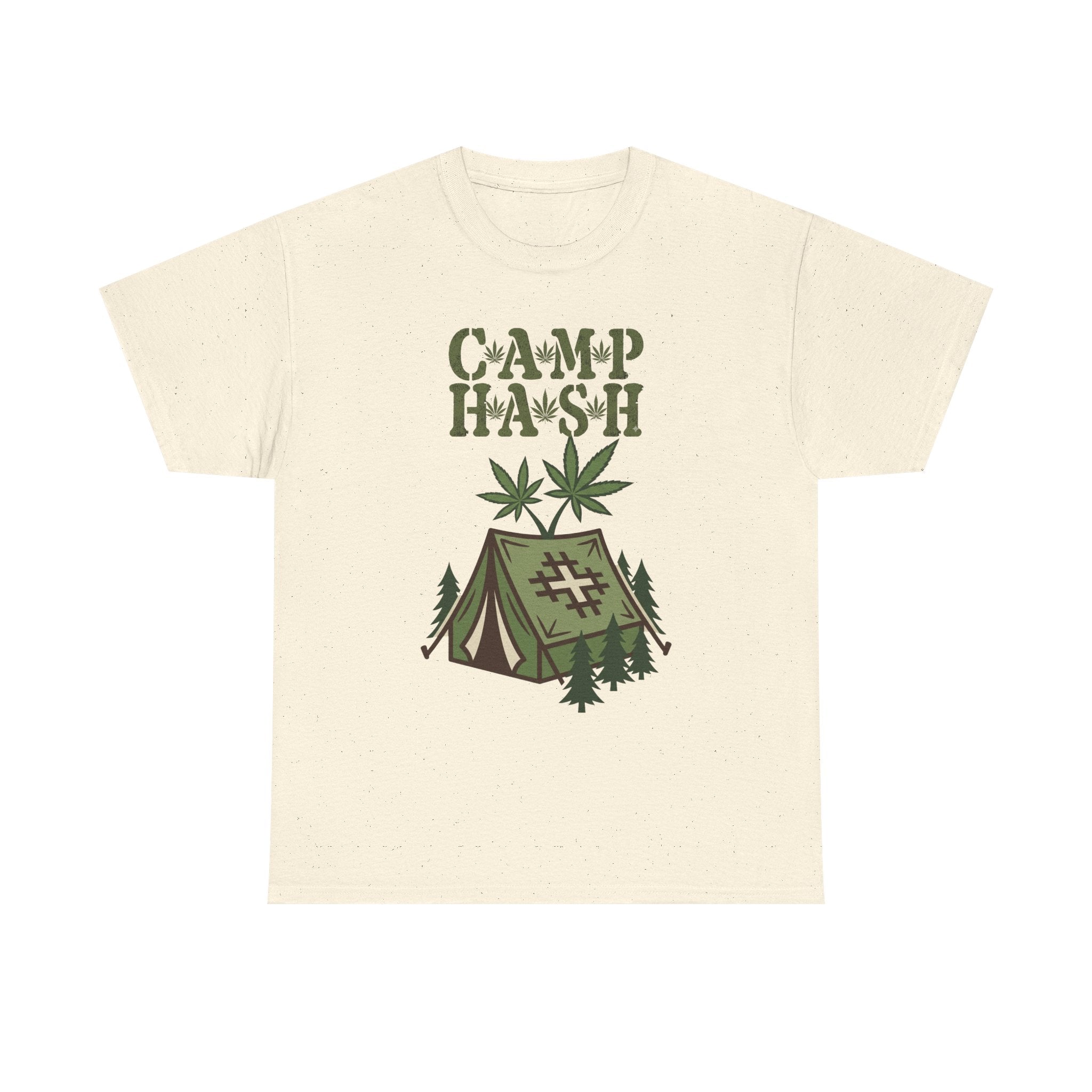 Camp Hash Cannabis Camping T‑Shirt — Retro Tent & Leaf Outdoor Smoke Tee