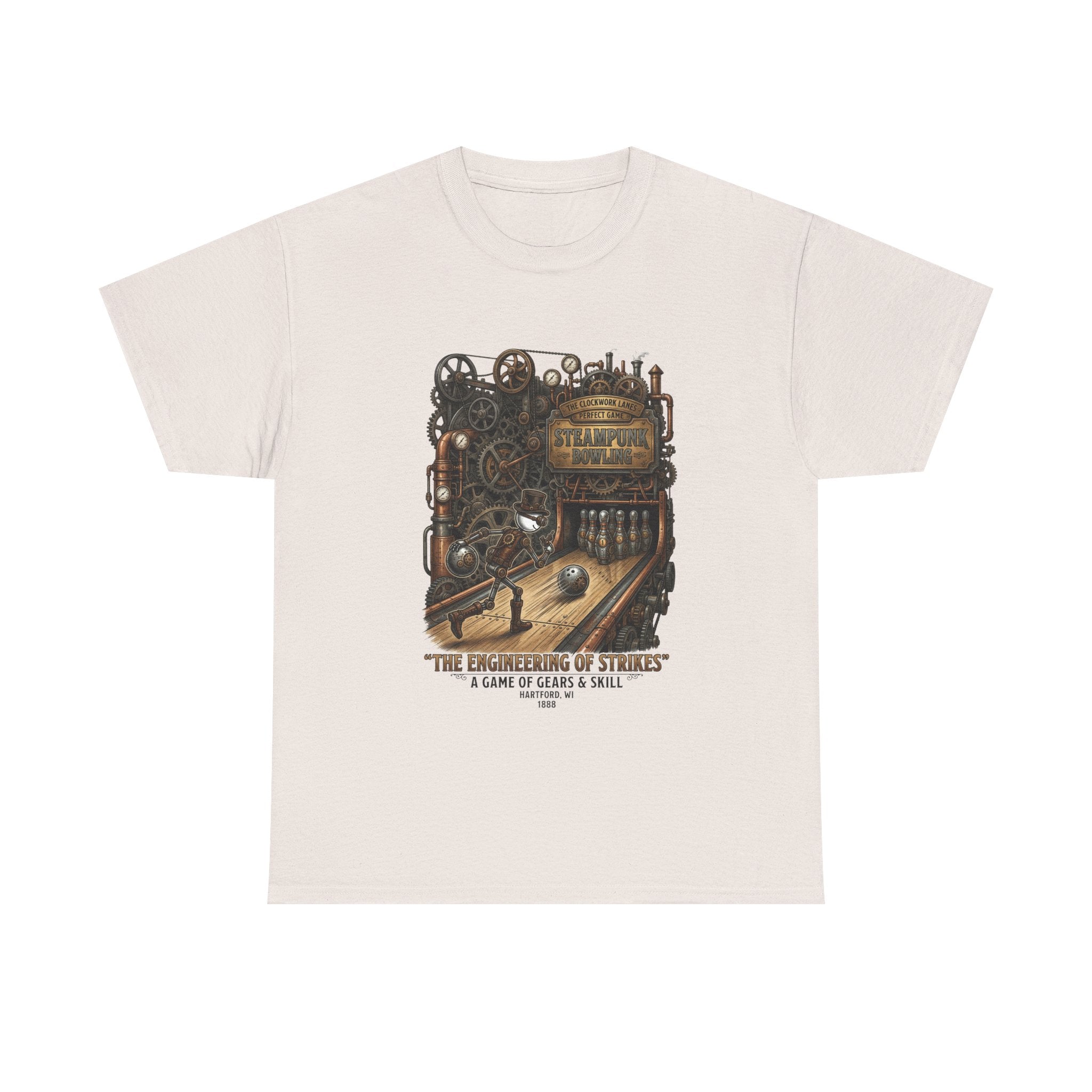 Steampunk Bowling T-Shirt — "The Engineering of Strikes" Vintage Gears Design