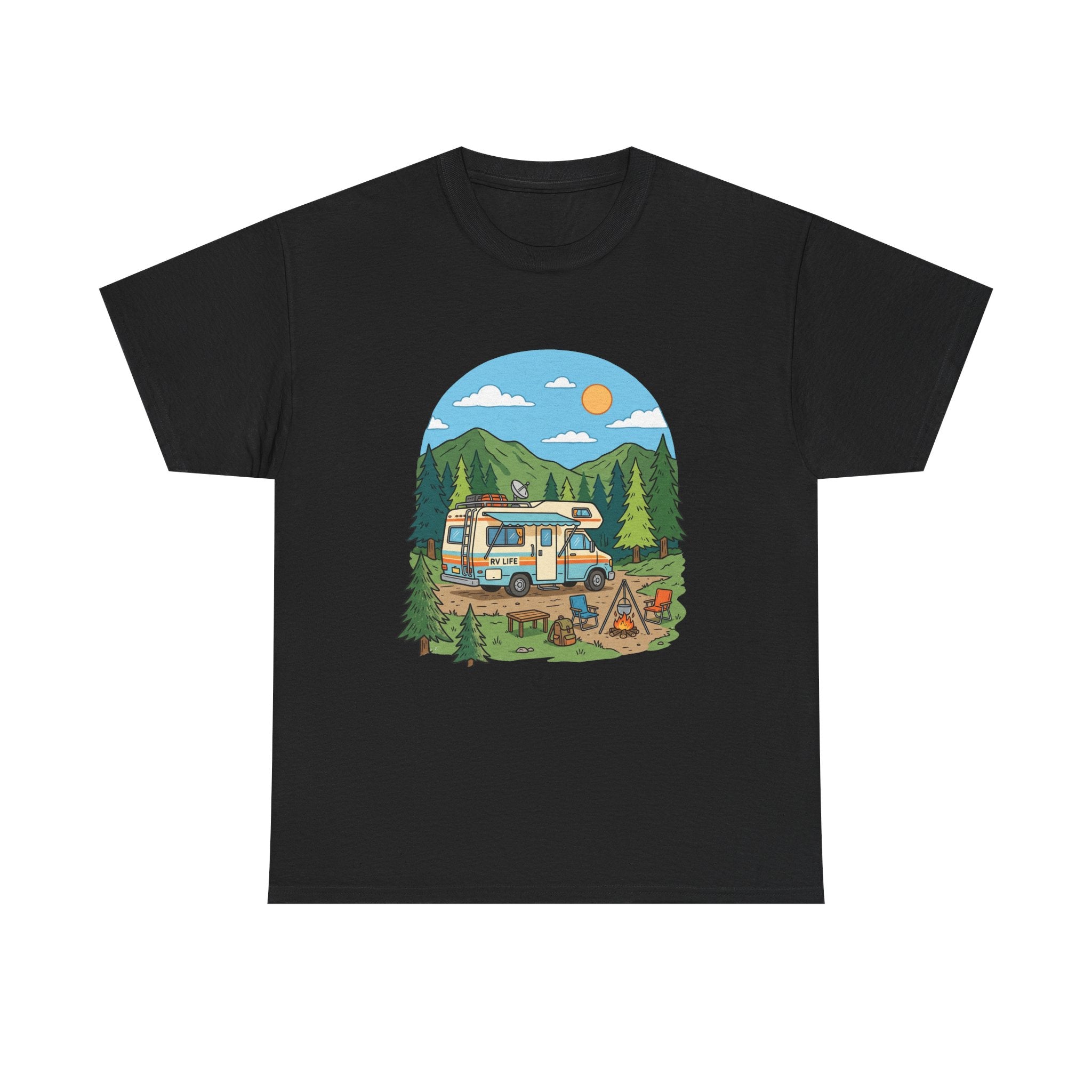 Camping Van Graphic Tee — Retro Camper Van & Campfire Outdoor Shirt