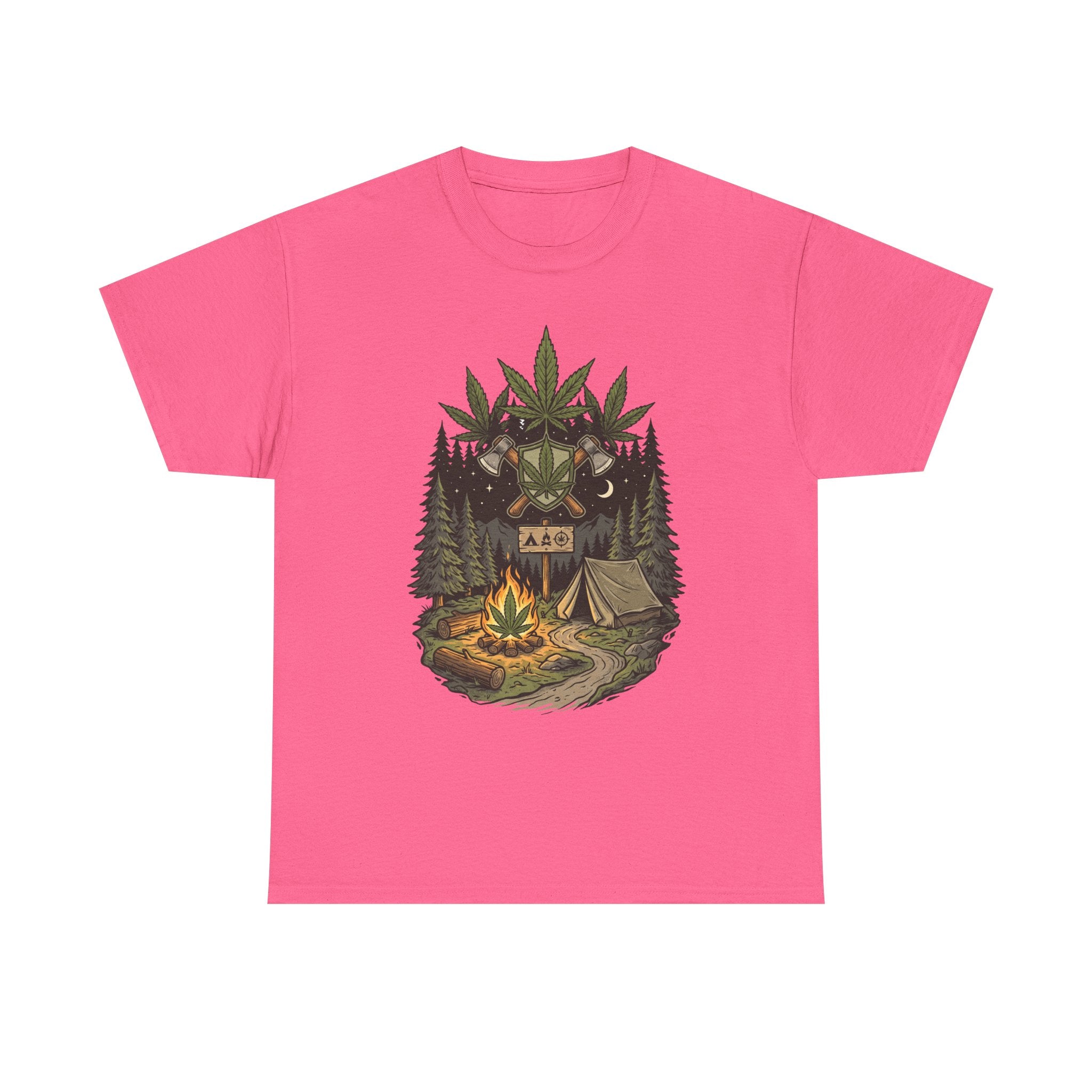 Camping Bear Graphic Tee — Forest Campfire & Leaf Emblem T-Shirt