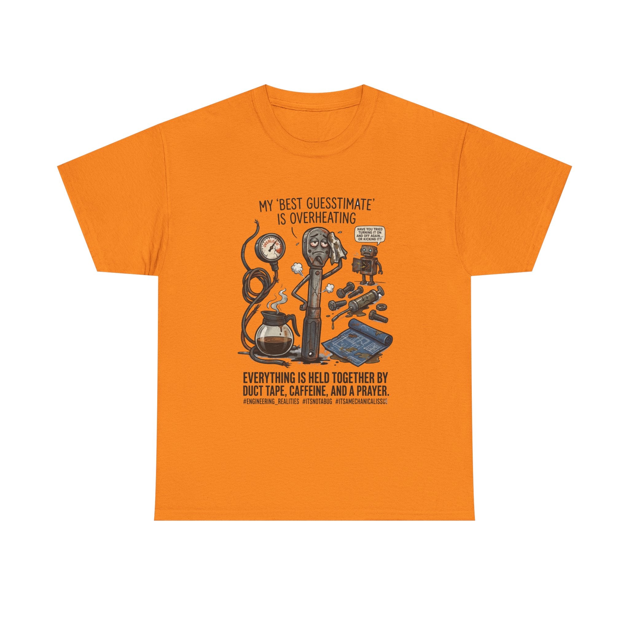 Mechanic Humor T-Shirt - "My Best Guessmate Is Overheating" Vintage Tools, Duct Tape & Caffeine Tee