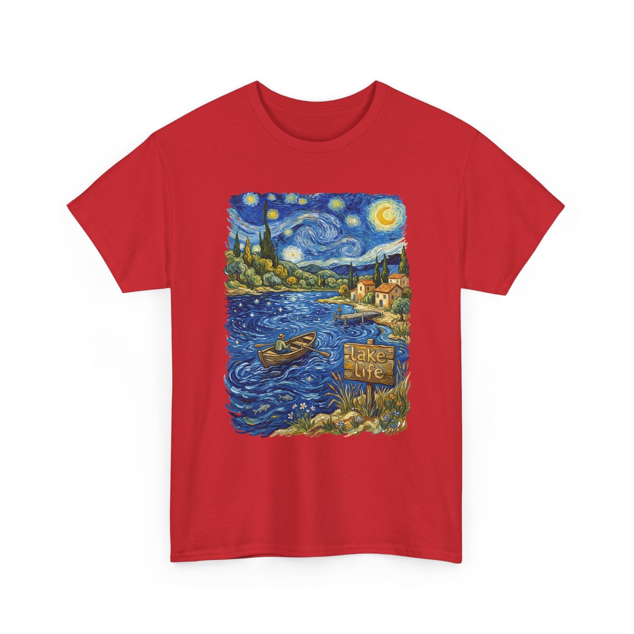 T-Shirt — Van Gogh Night Lake Art Tee (Boat on Starry Night)