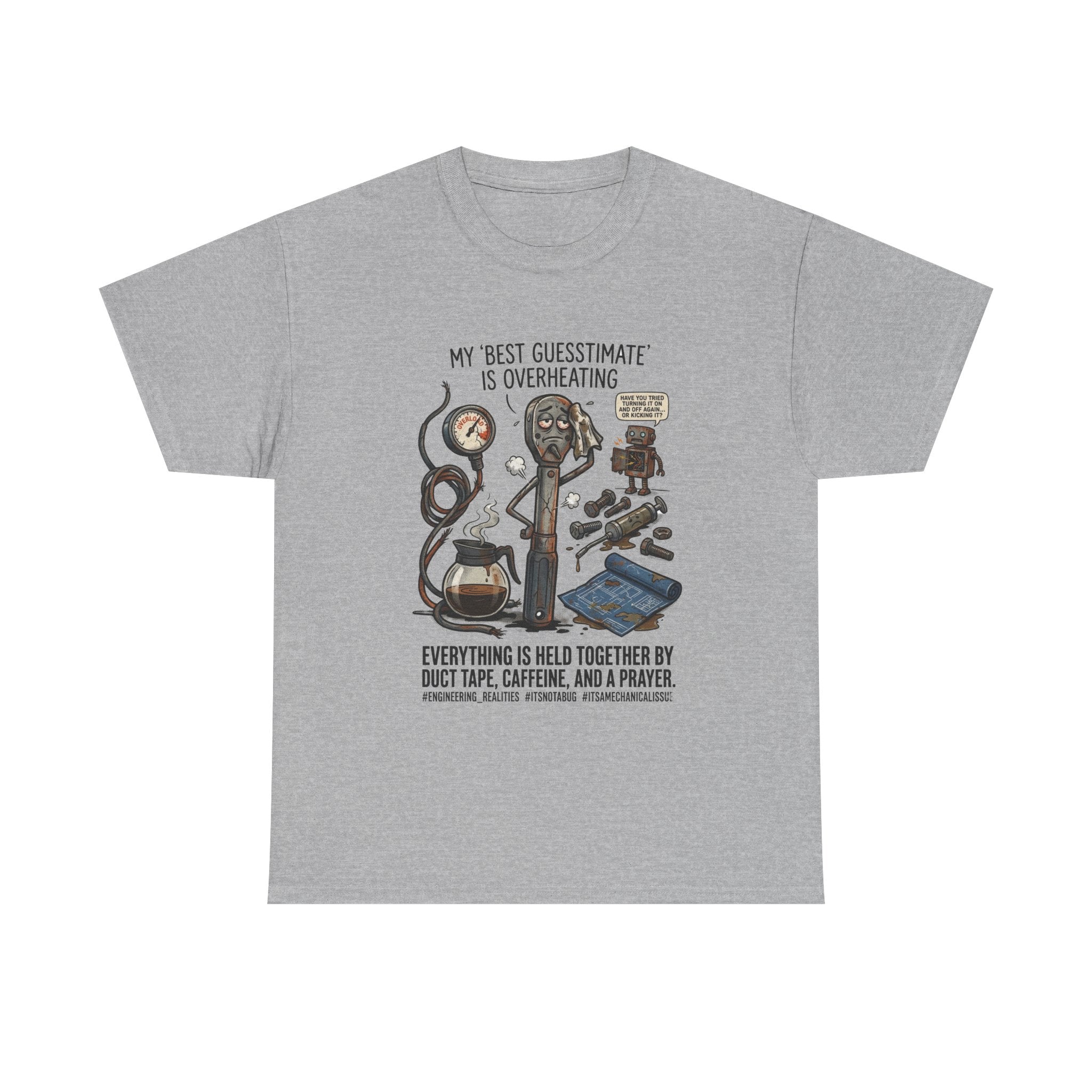 Mechanic Humor T-Shirt - "My Best Guessmate Is Overheating" Vintage Tools, Duct Tape & Caffeine Tee