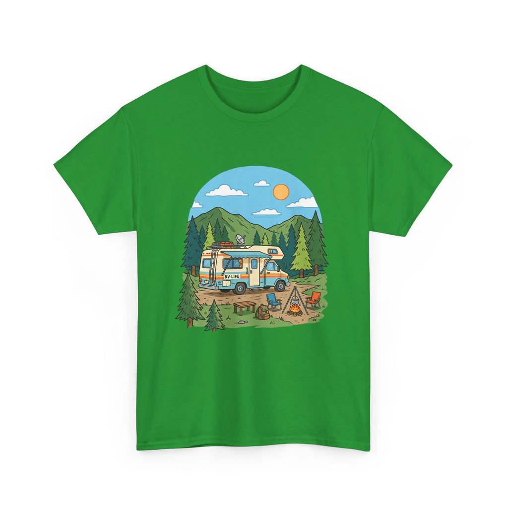 Camping Van Graphic Tee — Retro Camper Van & Campfire Outdoor Shirt