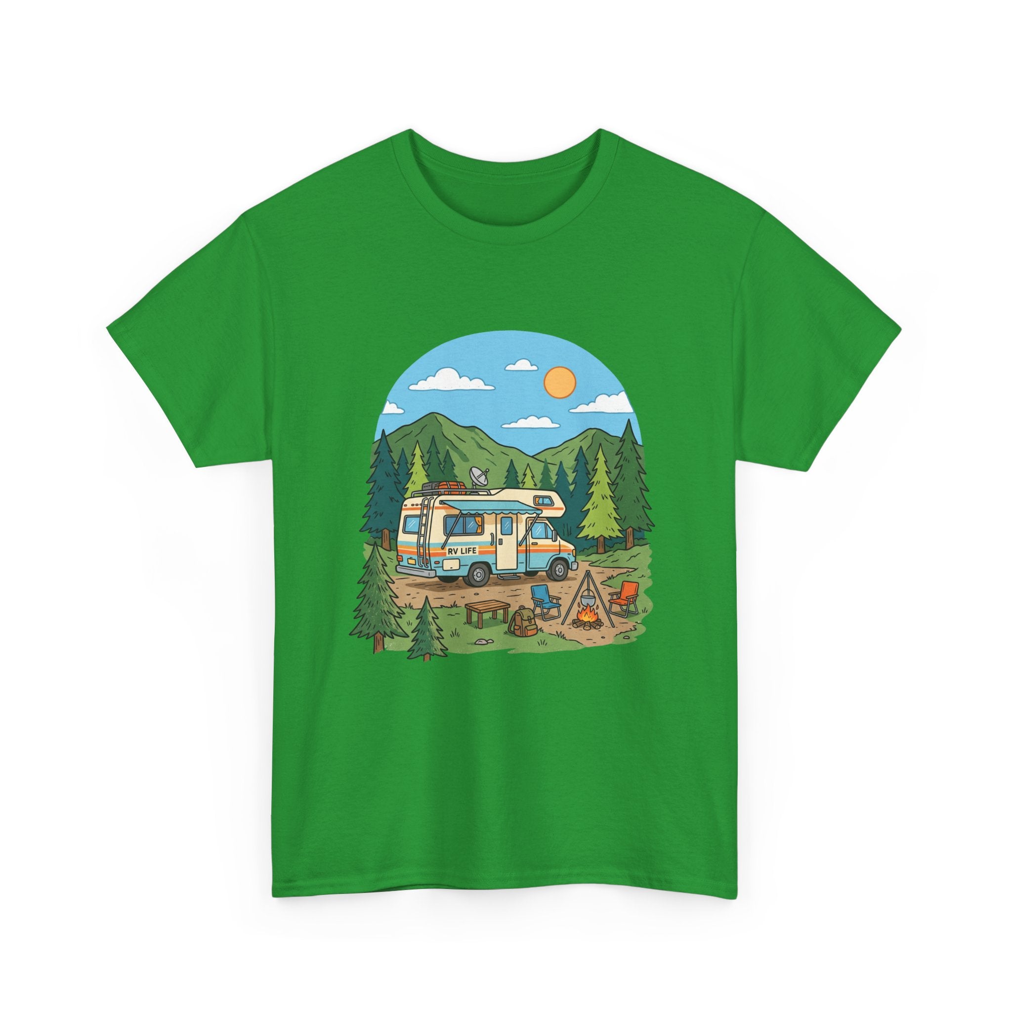 Camping Van Graphic Tee — Retro Camper Van & Campfire Outdoor Shirt