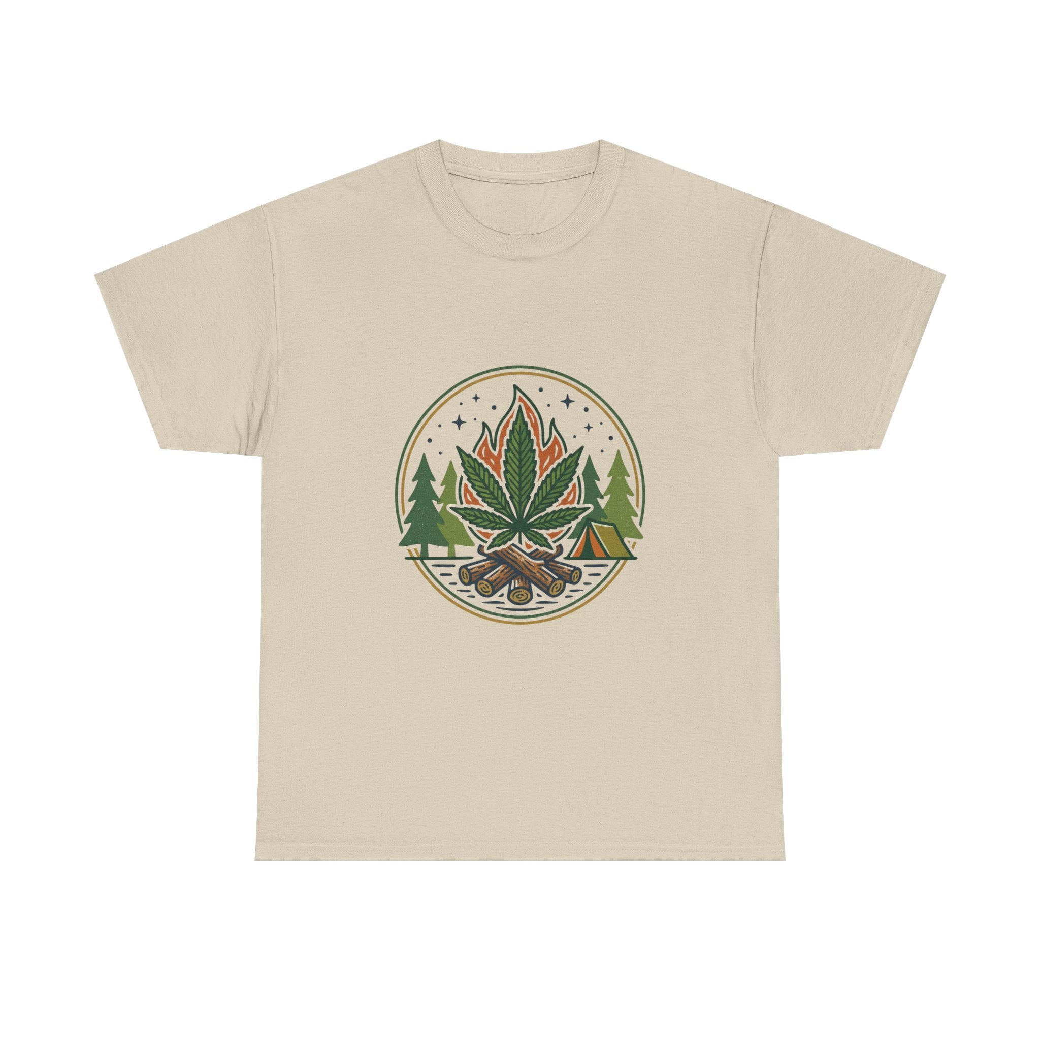 Cannabis Campfire Tee — Outdoor Weed Leaf Forest Graphic T-Shirt