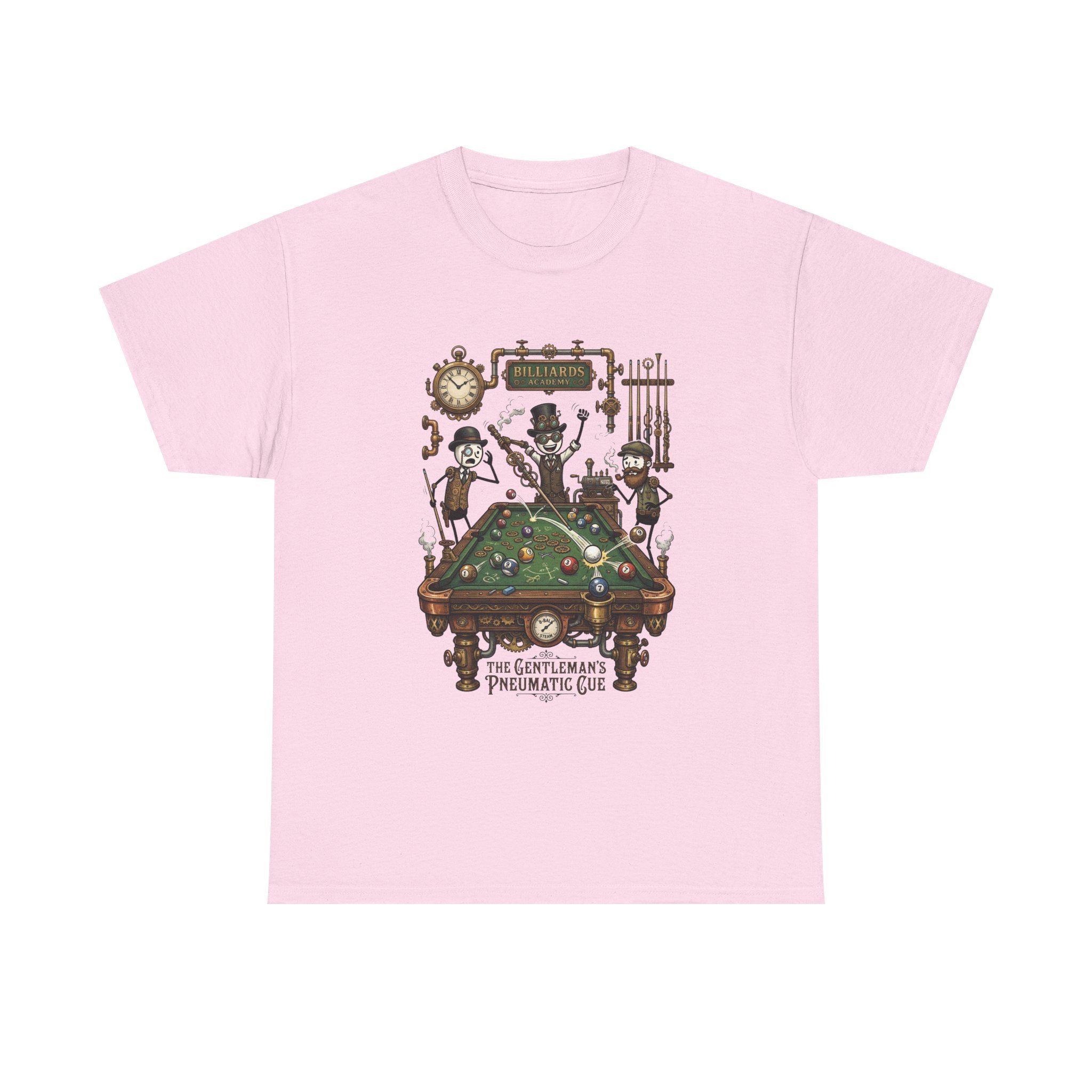 Steampunk Billiards Tee – 'The Gentleman's Pneumatic Cue' Pool Table Graphic Shirt