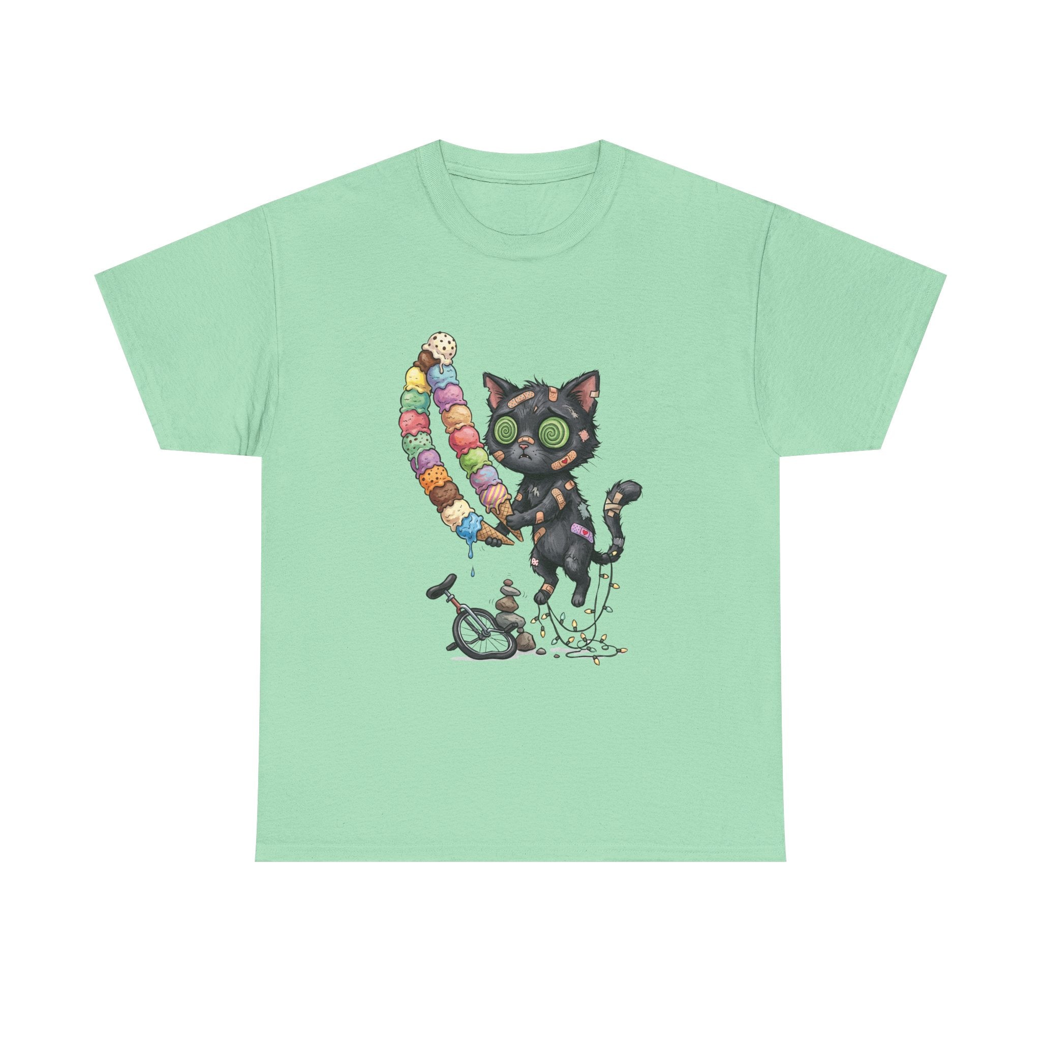 Cat with Ice Cream Graphic Tee — Cute Retro Kawaii Black Cat Holding Rainbow Ice Cream