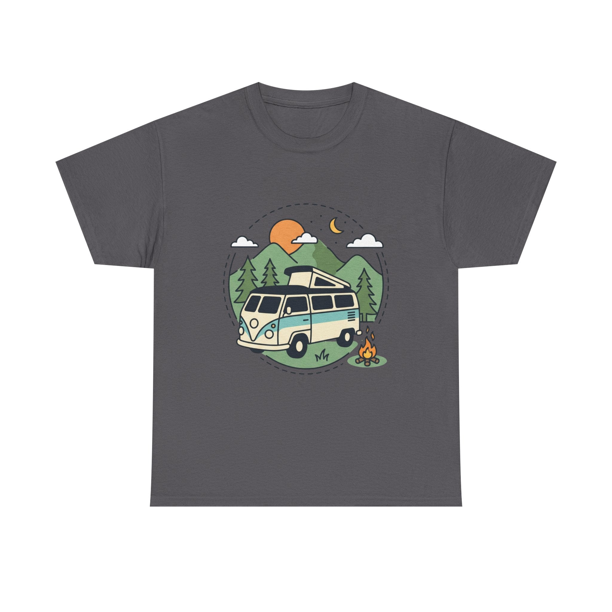 Camper Van Camping T‑Shirt — Retro Van, Mountains & Campfire Tee