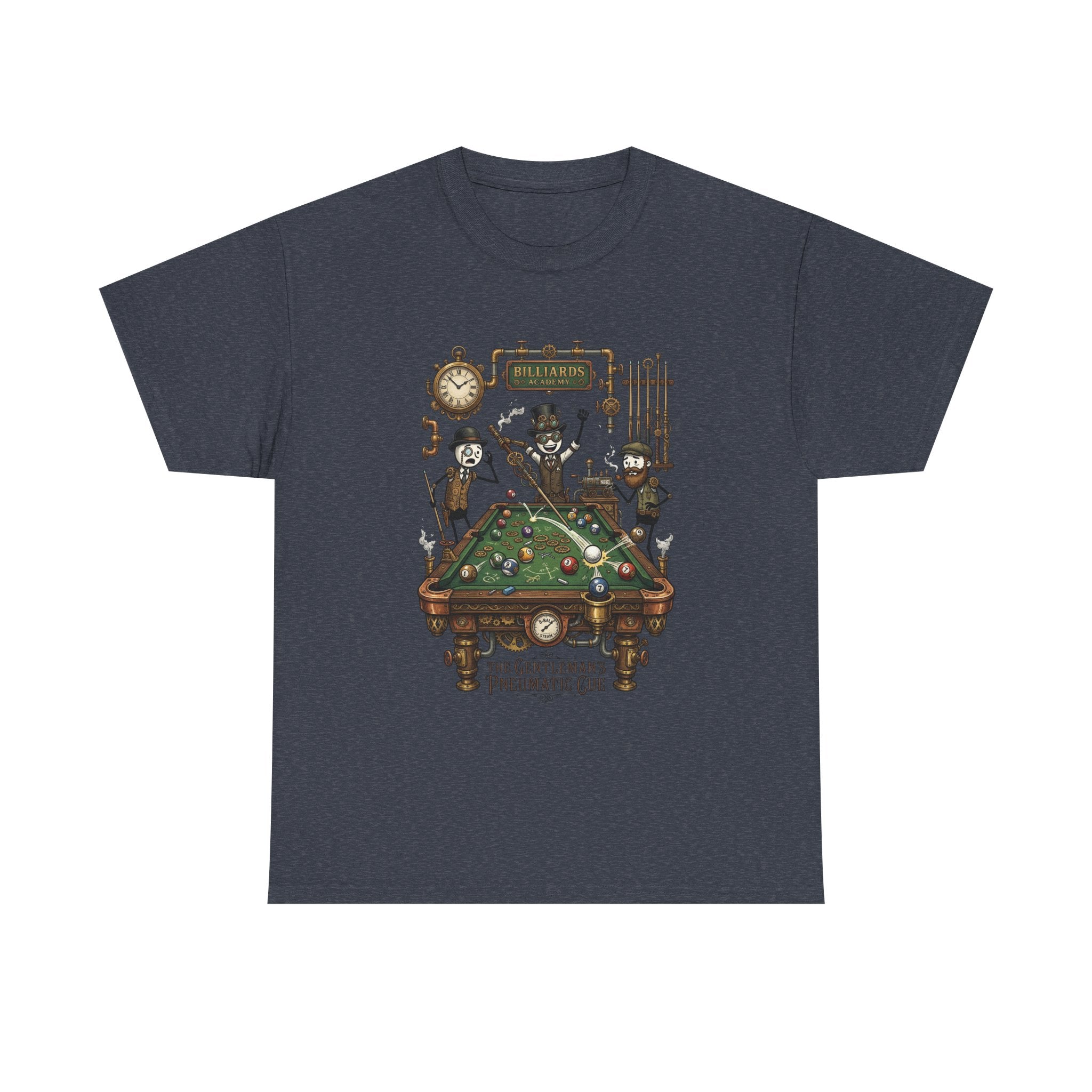 Steampunk Billiards Tee – 'The Gentleman's Pneumatic Cue' Pool Table Graphic Shirt