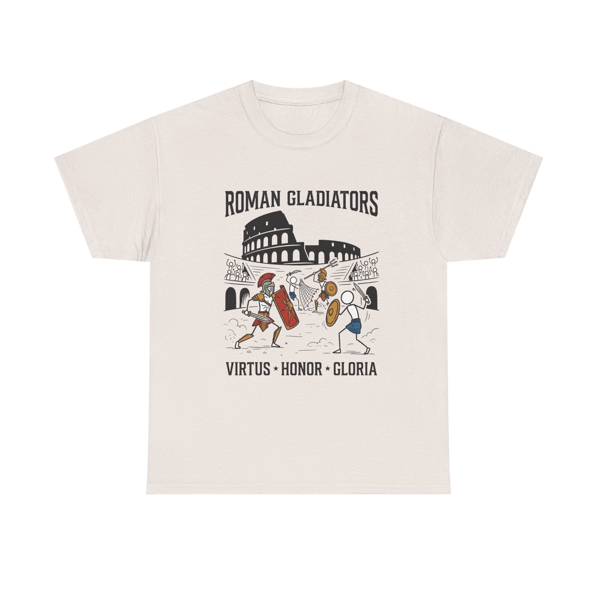 Roman Gladiators T-Shirt — Colosseum Design with "Virtus • Honor • Gloria"
