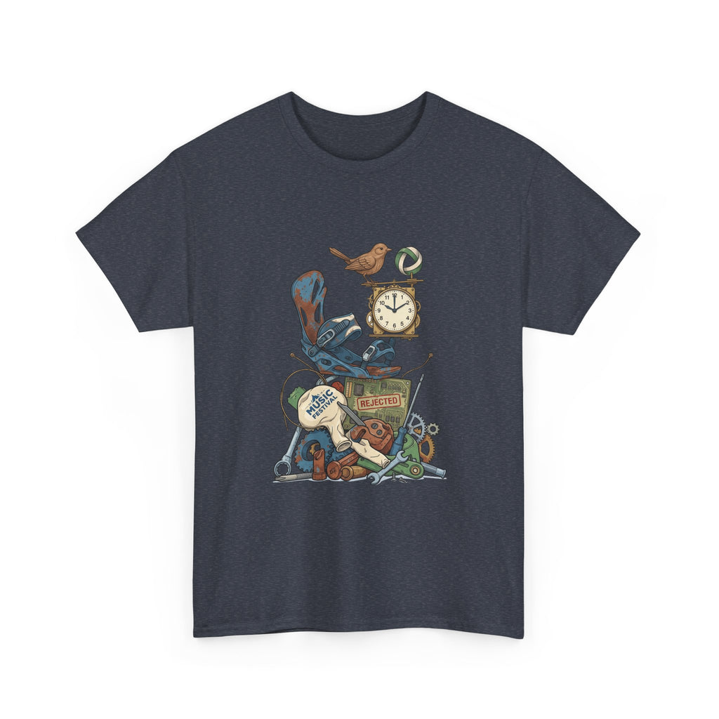 Vintage Hobbies Stack T-Shirt — Retro Clock, Guitar & Tools Illustration