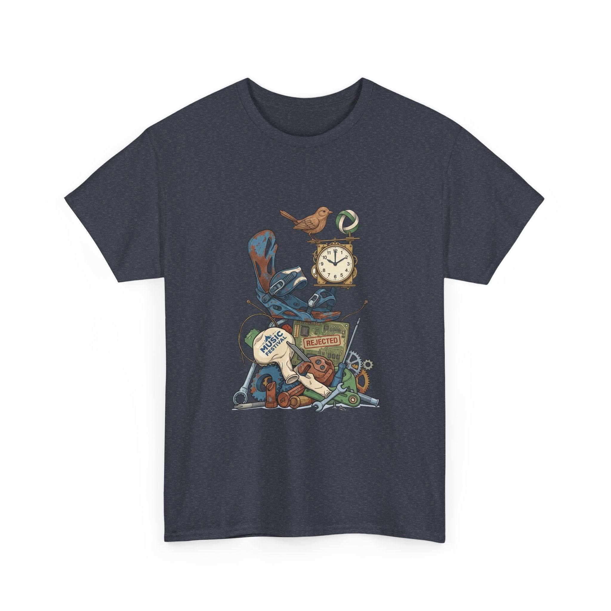 Vintage Hobbies Stack T-Shirt — Retro Clock, Guitar & Tools Illustration