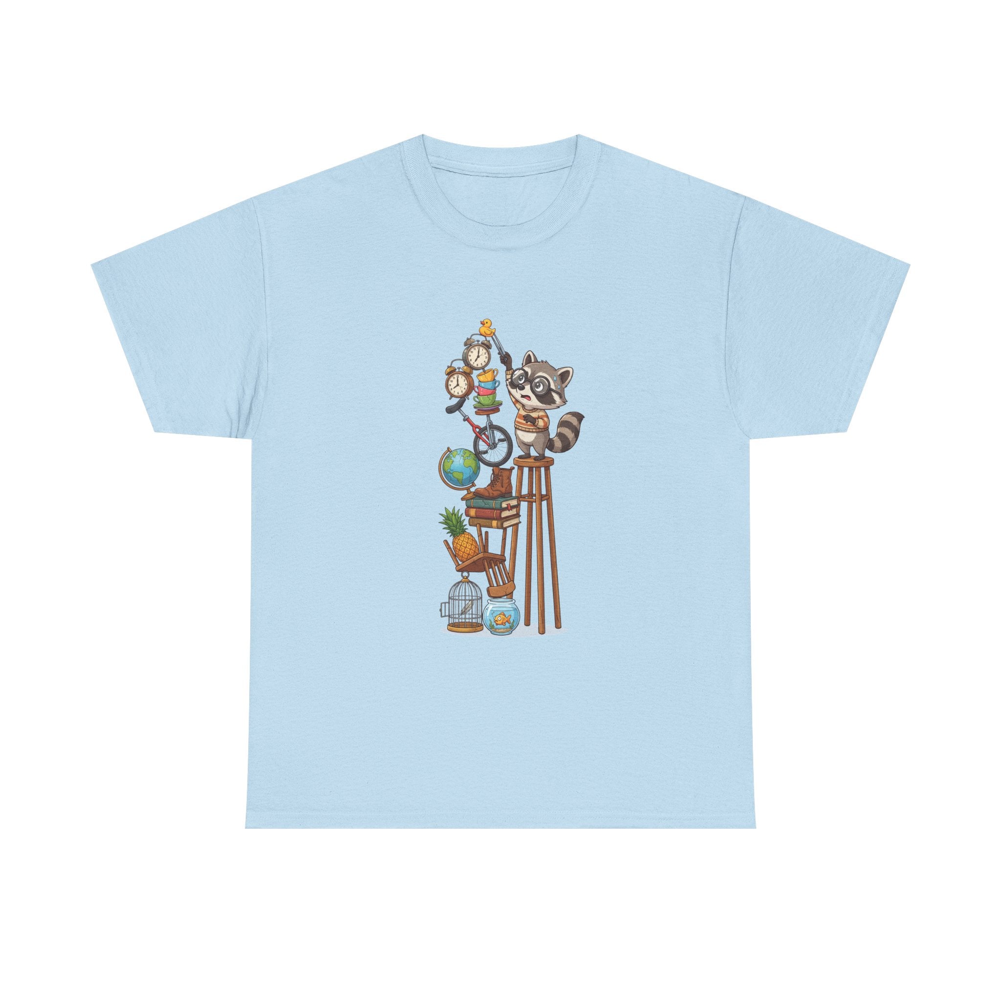 Raccoon & Curiosity Shelf T‑Shirt — Cute Scientist Animal Stack Graphic Tee
