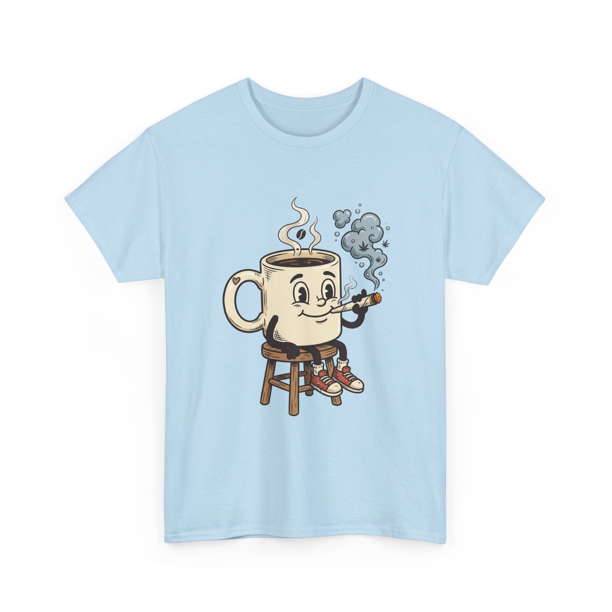 Coffee and a joint Character Tee — Retro Smiling Cup Smoking weed Graphic T-Shirt