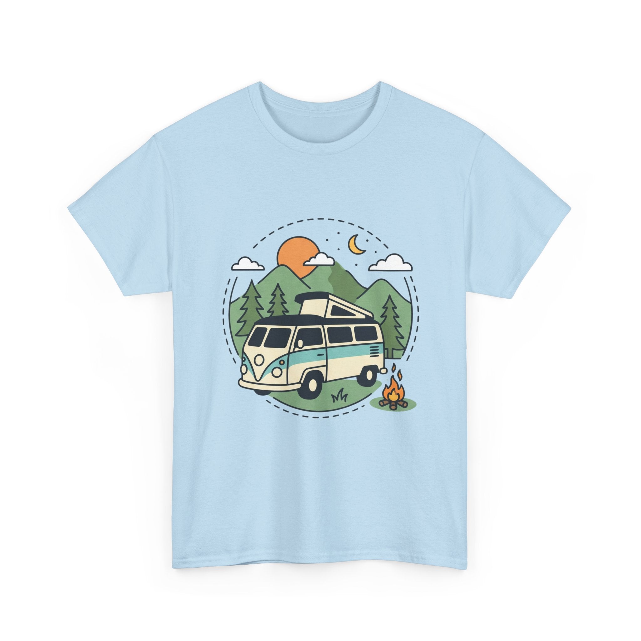 Camper Van Camping T‑Shirt — Retro Van, Mountains & Campfire Tee