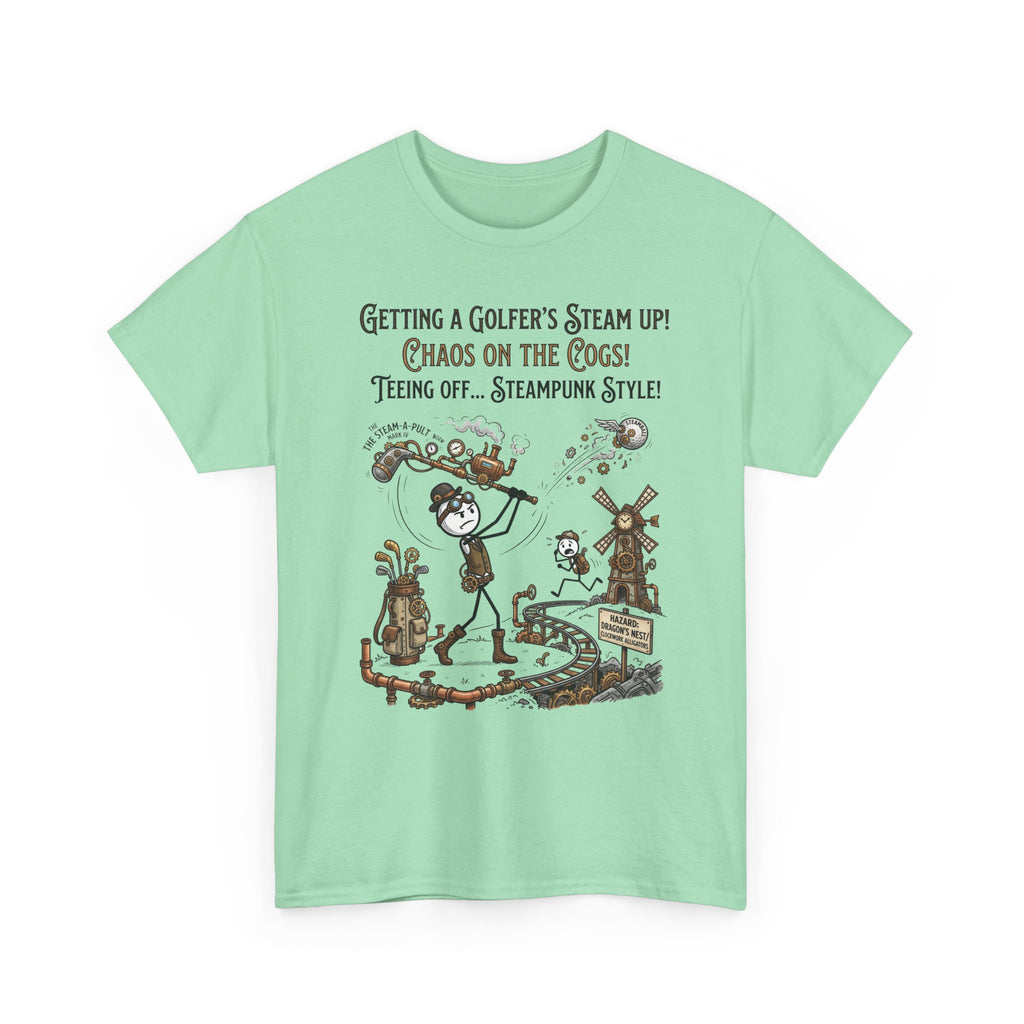 Steampunk Golf T-Shirt - "Getting a Golfer's Steam Up! Chaos on the Cogs" Graphic Tee