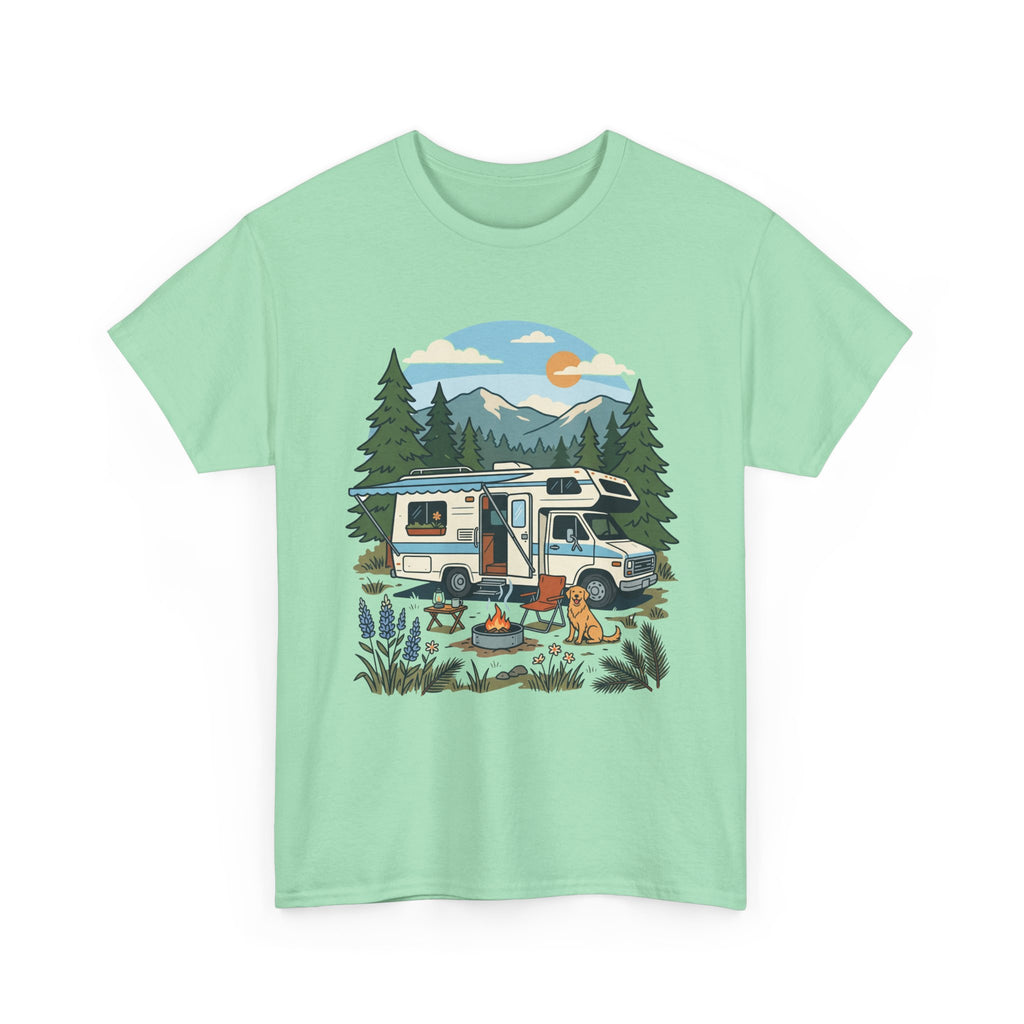 Camper Van Camping T‑Shirt — Retro RV Campfire Graphic Tee for Outdoors Lovers