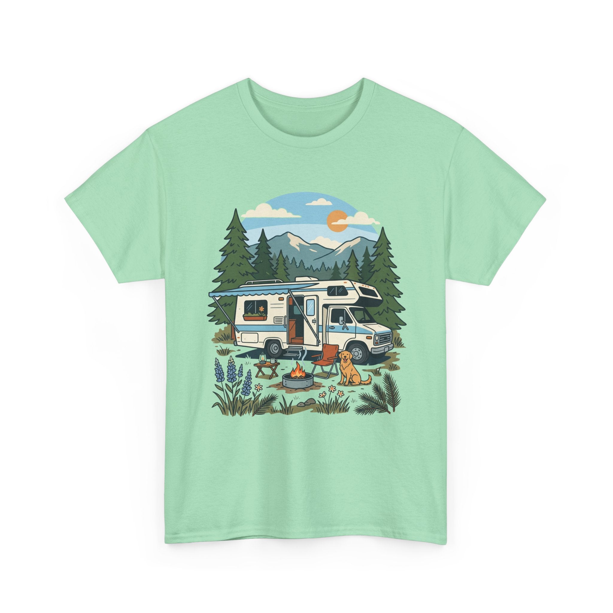Camper Van Camping T‑Shirt — Retro RV Campfire Graphic Tee for Outdoors Lovers