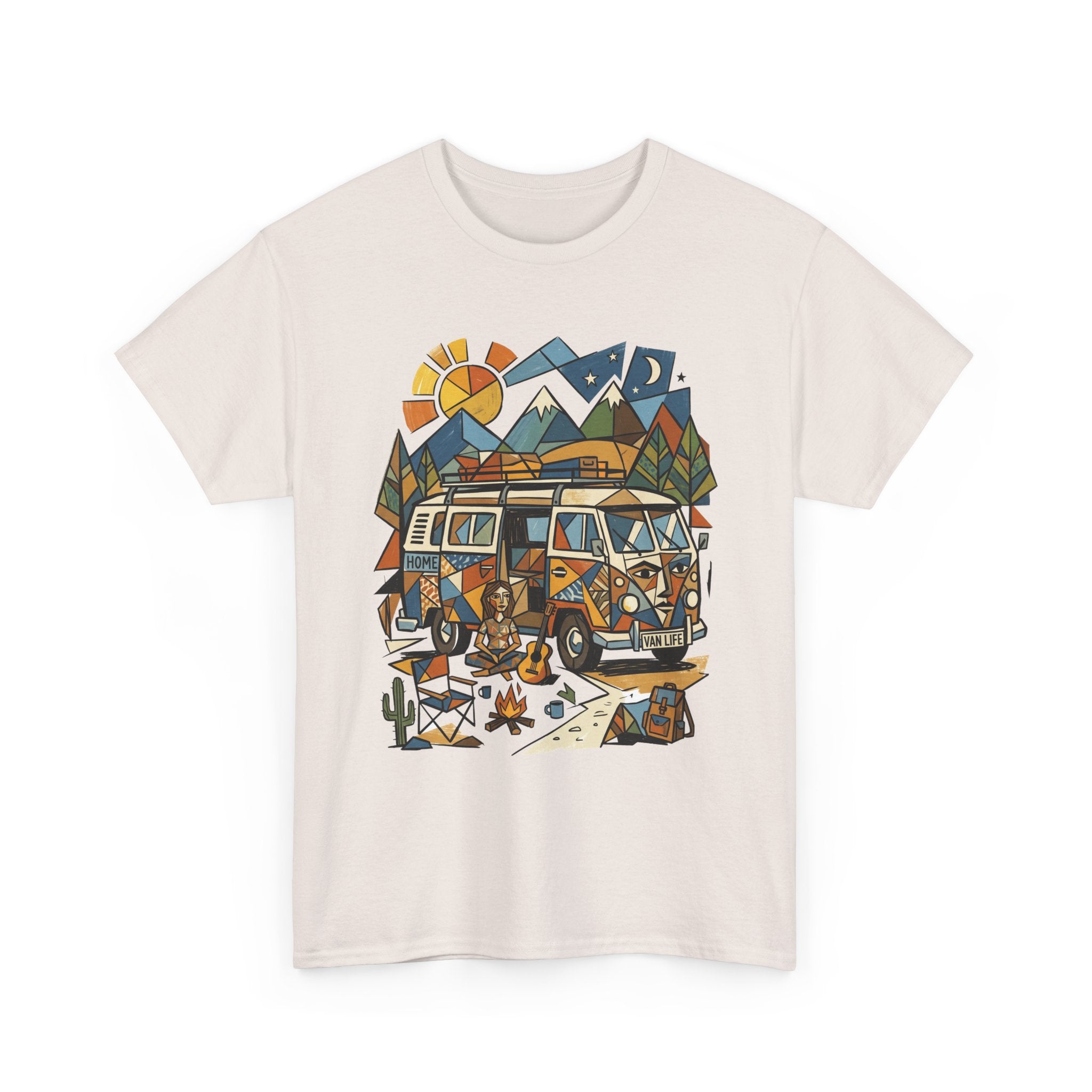 Adventure Van Camping T-Shirt — Retro Camper Van, Mountains & Campfire Graphic Tee
