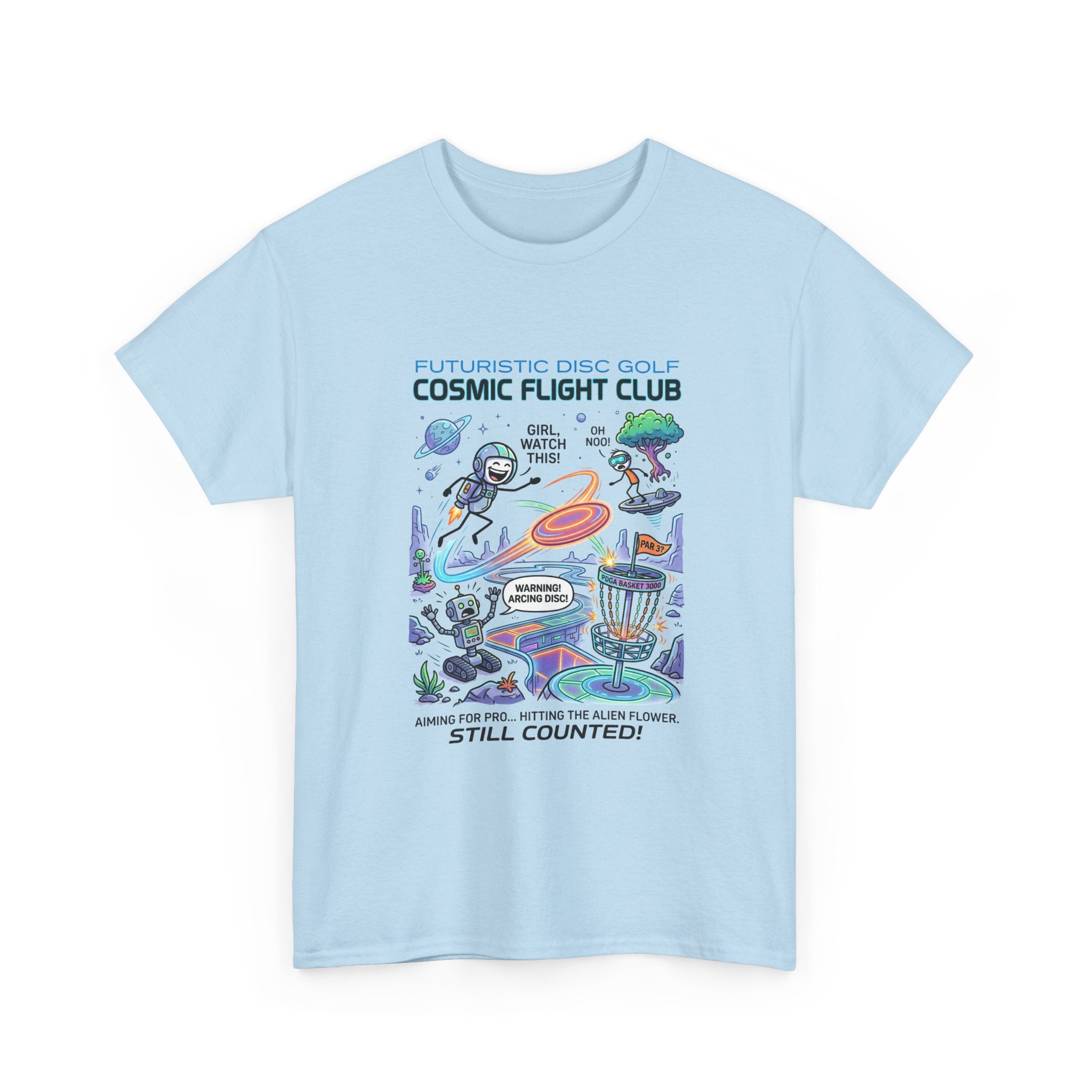 Cosmic Flight Club Disc Golf T-Shirt — Futuristic Outer Space Design