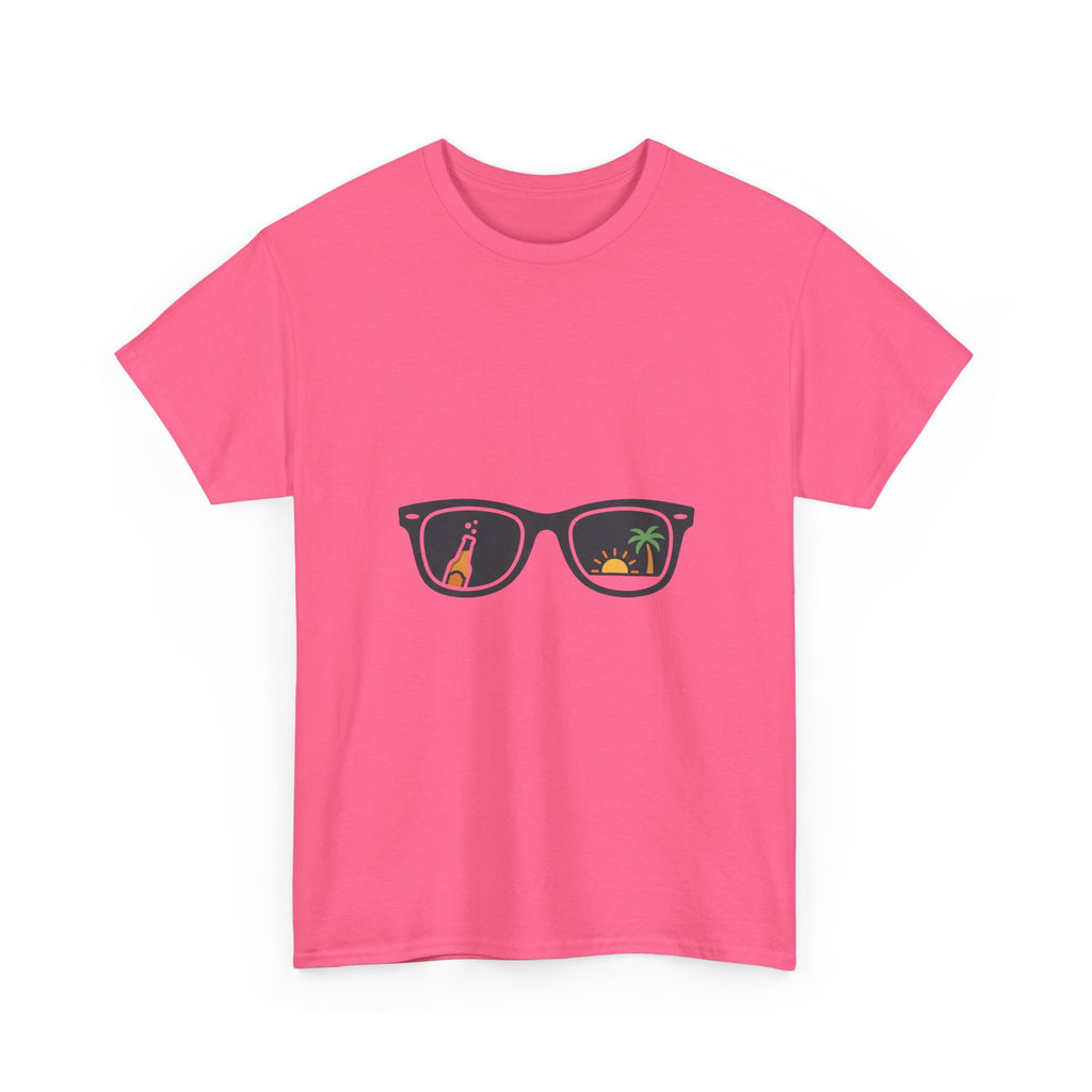 Sunglasses Reflection Tee — Tropical Beach & Palm Drink Graphic T-Shirt