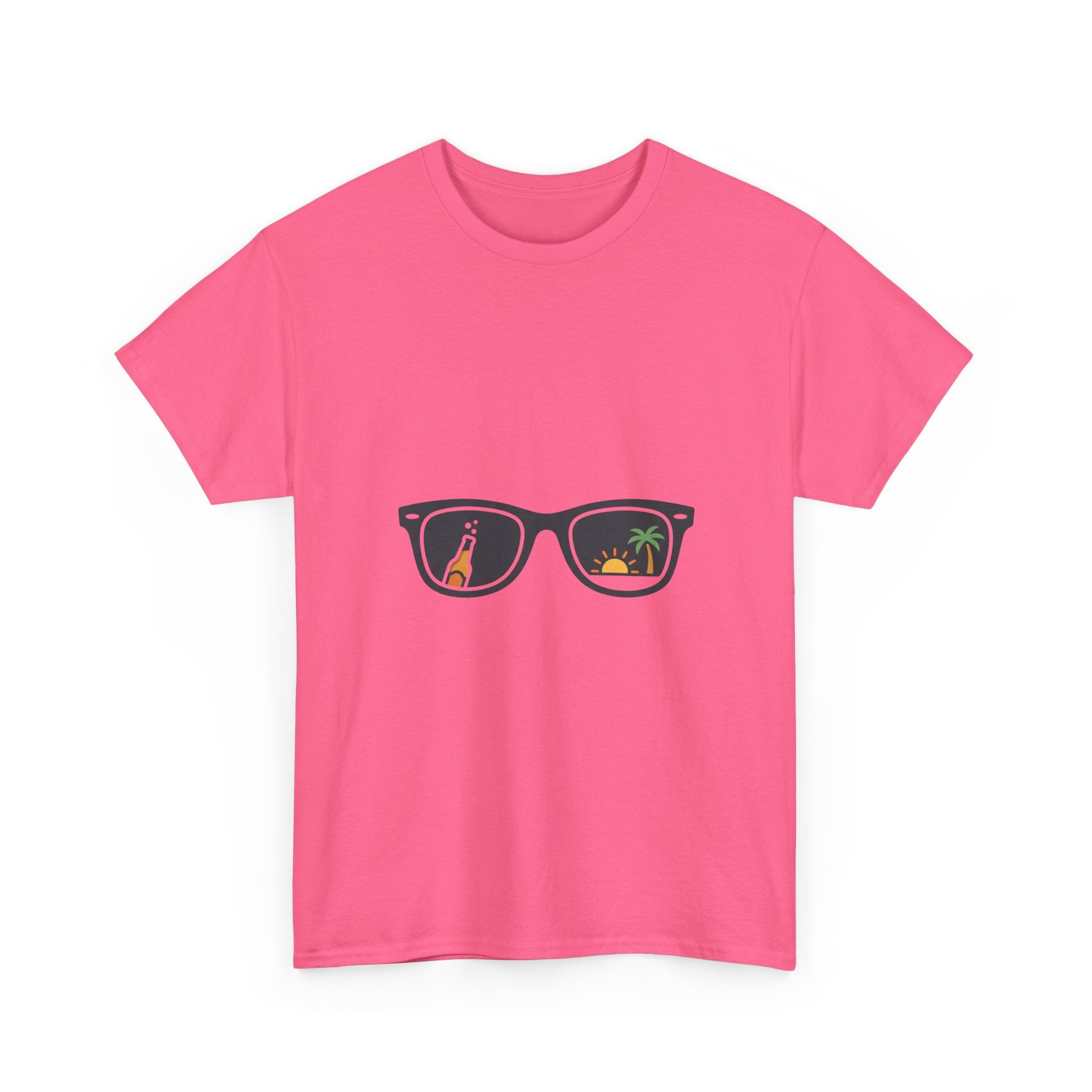 Sunglasses Reflection Tee — Tropical Beach & Palm Drink Graphic T-Shirt