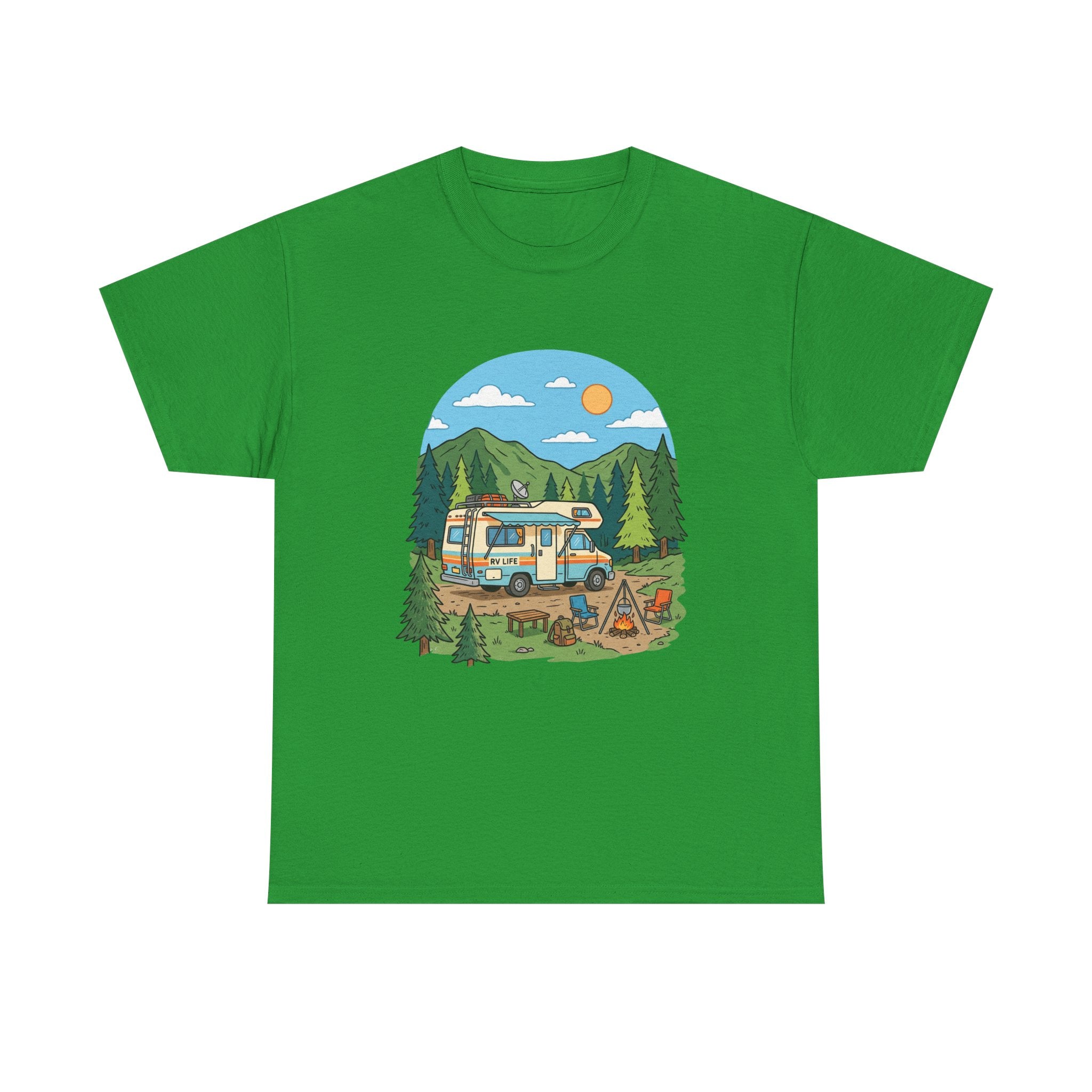Camping Van Graphic Tee — Retro Camper Van & Campfire Outdoor Shirt