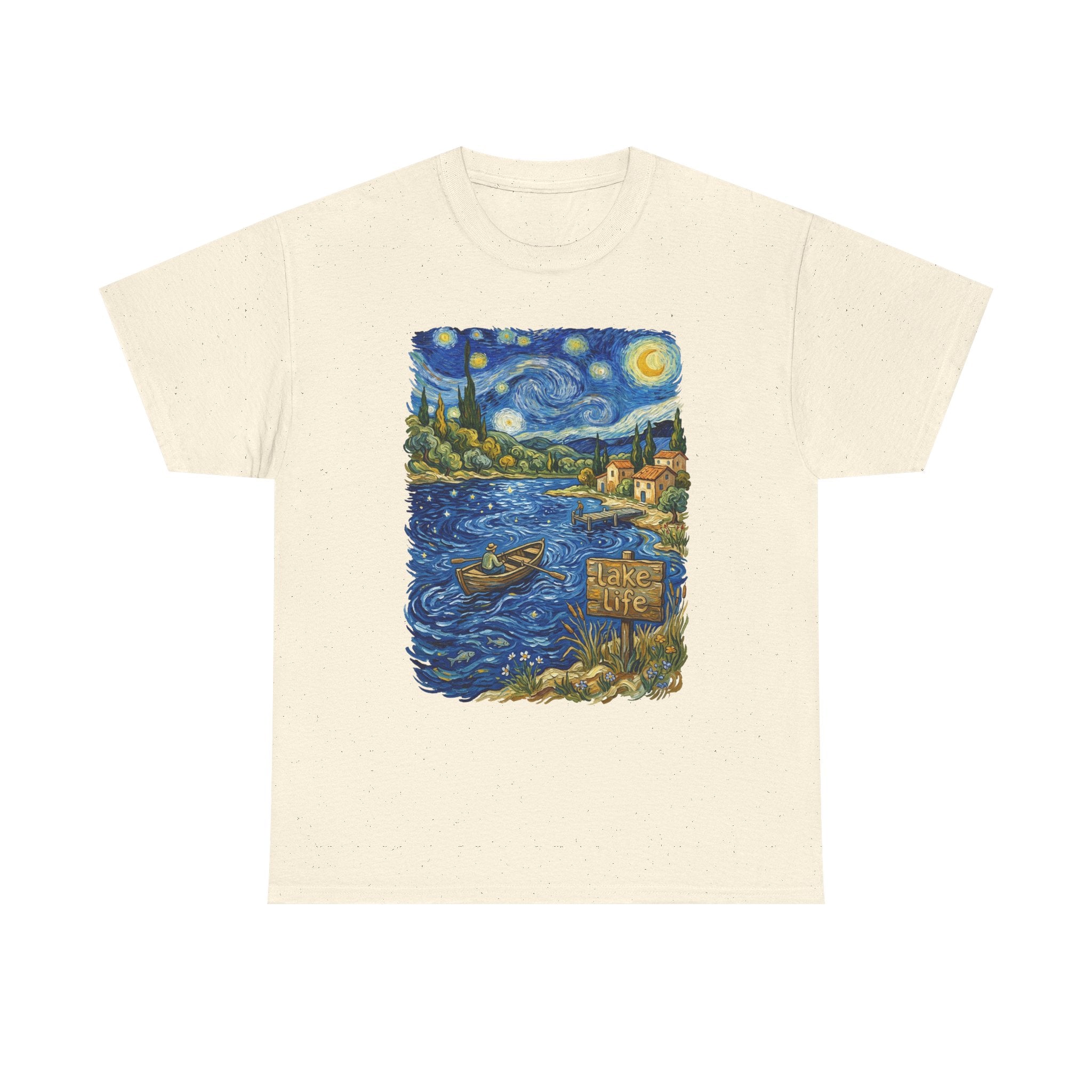 T-Shirt — Van Gogh Night Lake Art Tee (Boat on Starry Night)