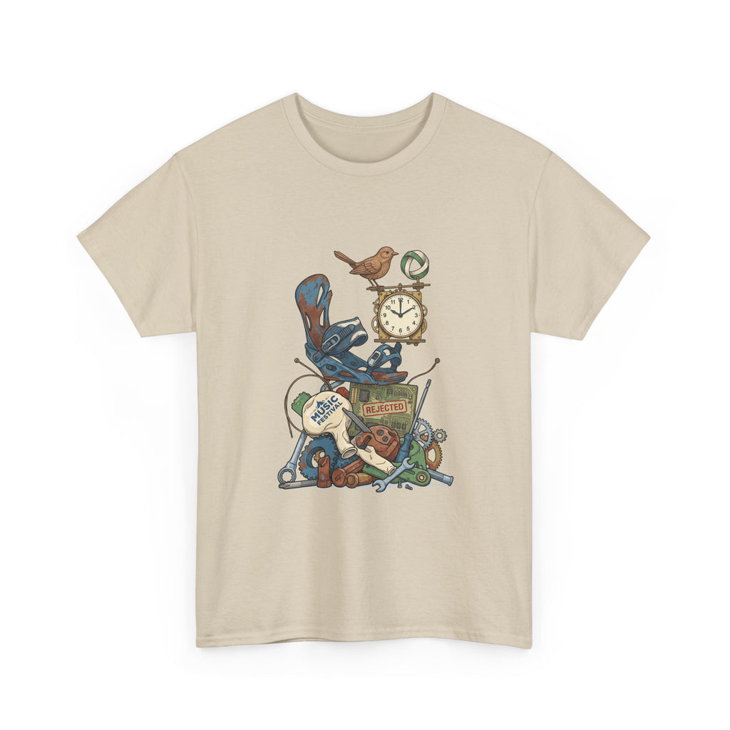 Vintage Hobbies Stack T-Shirt — Retro Clock, Guitar & Tools Illustration