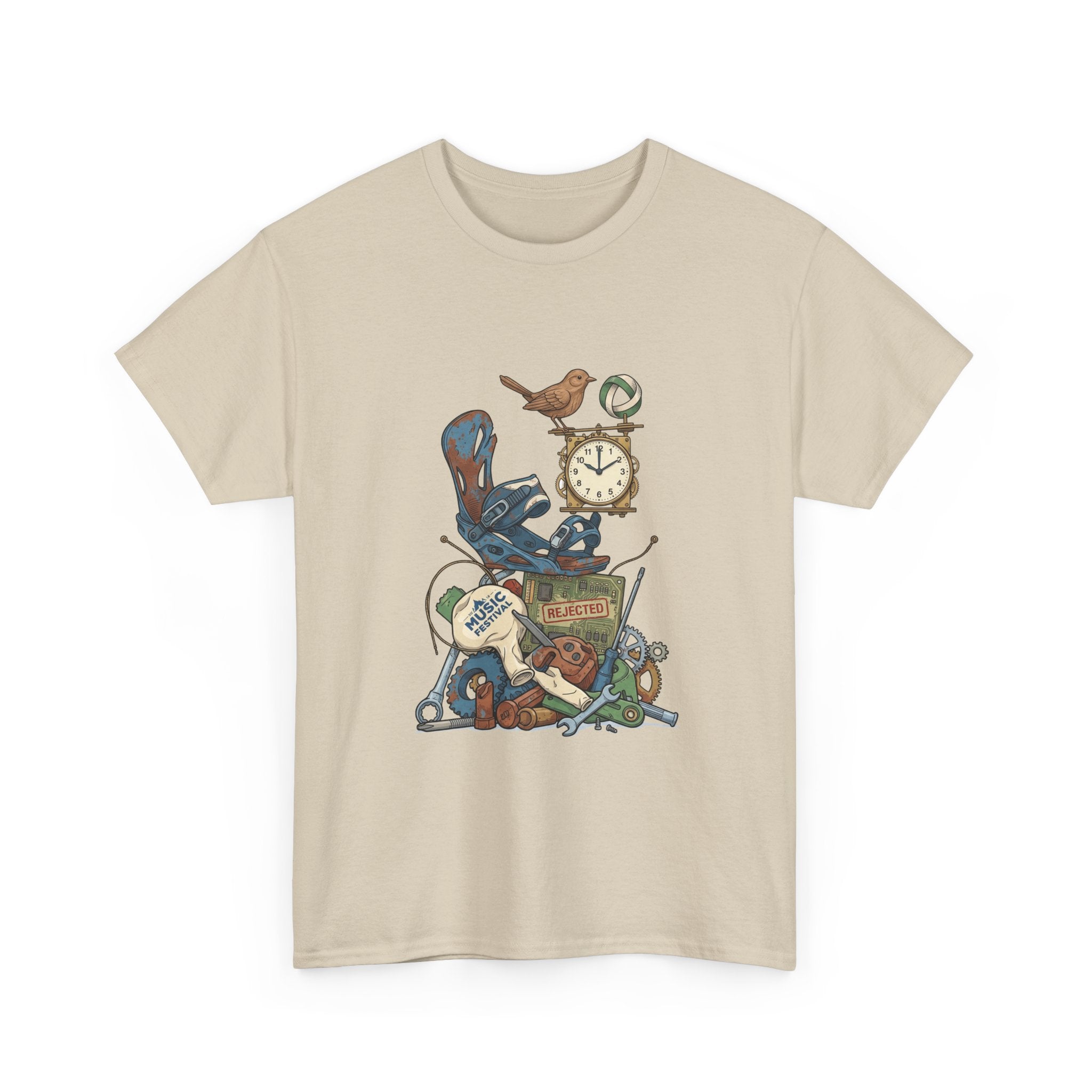 Vintage Hobbies Stack T-Shirt — Retro Clock, Guitar & Tools Illustration