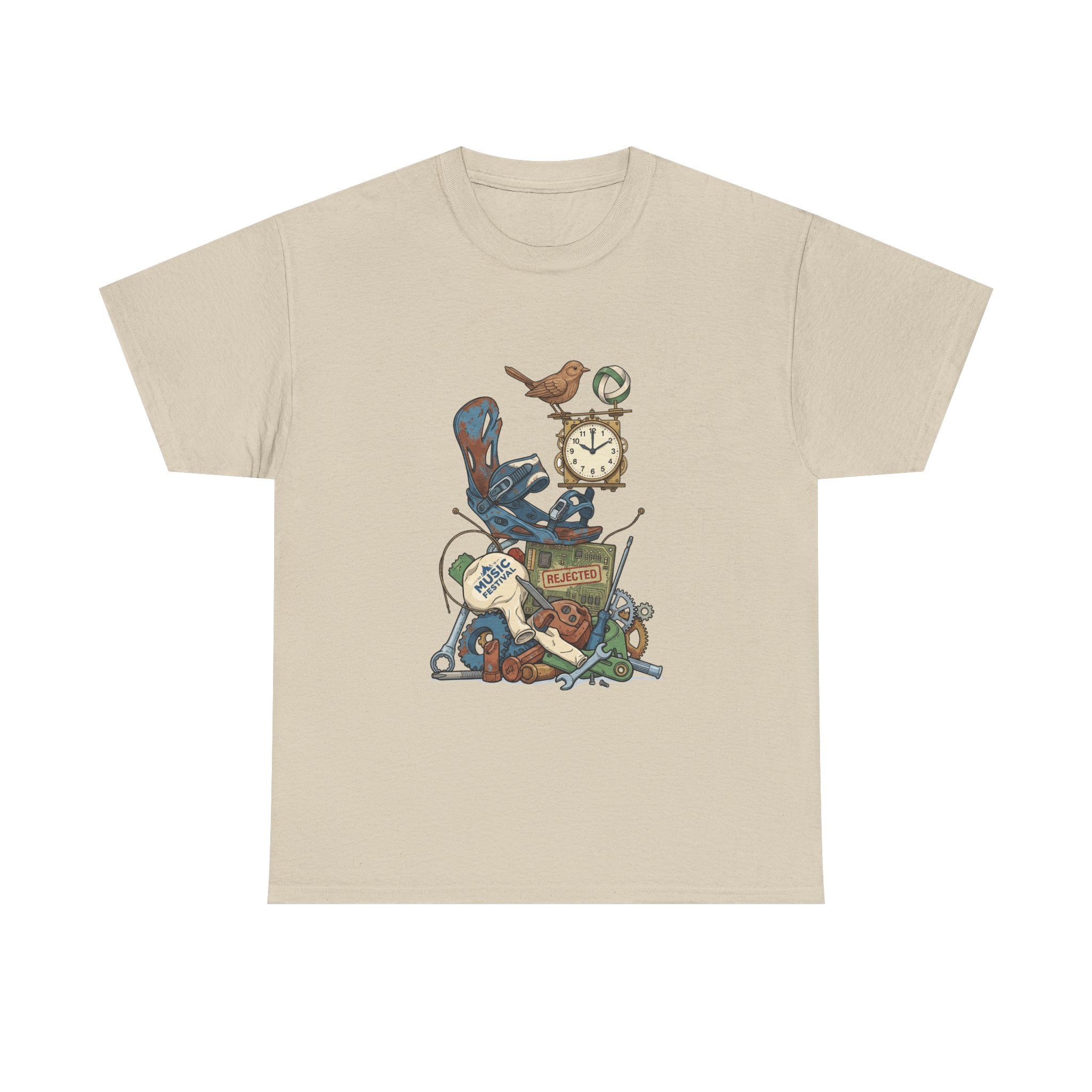 Vintage Hobbies Stack T-Shirt — Retro Clock, Guitar & Tools Illustration